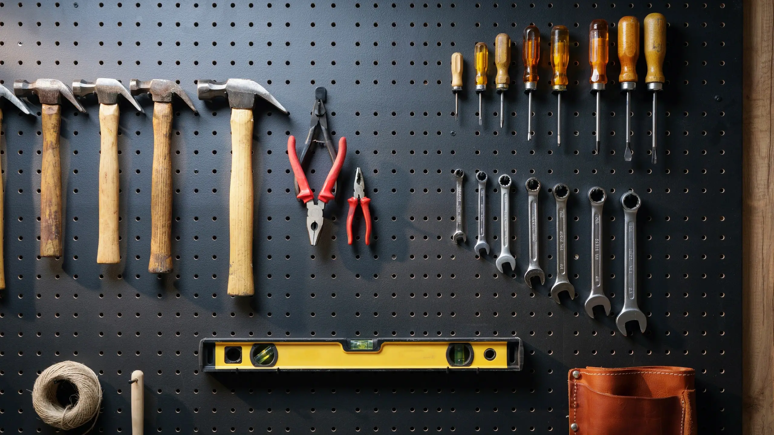Black pegboard displaying a neat arrangement of hammers, pliers, screwdrivers, wrenches, and a yellow level for workshop organization. 