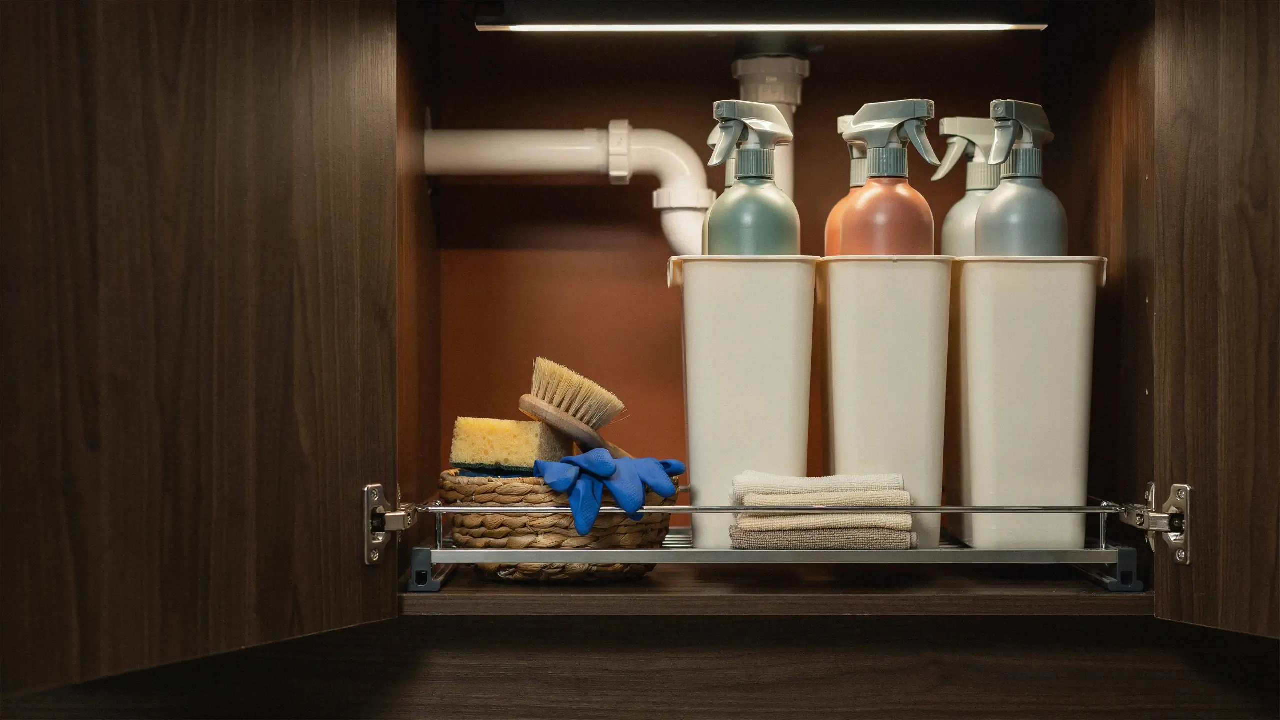 Pull-out drawer organizing under-sink kitchen cleaning supplies with white bins, spray bottles, a wicker basket of scrub brushes, and folded cloths.