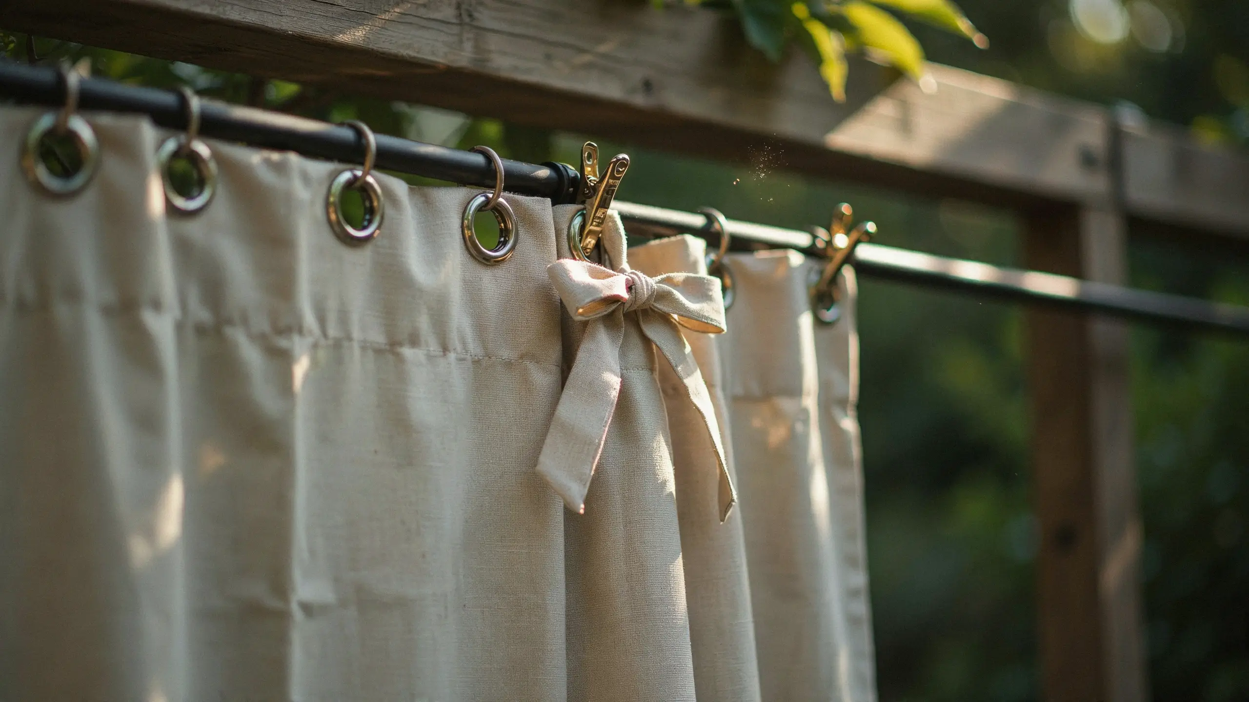 Beige linen outdoor patio curtain hanging on a black metal rod with silver grommet rings and alligator clips, featuring a matching fabric tie bow in warm sunlight with a blurred green garden background