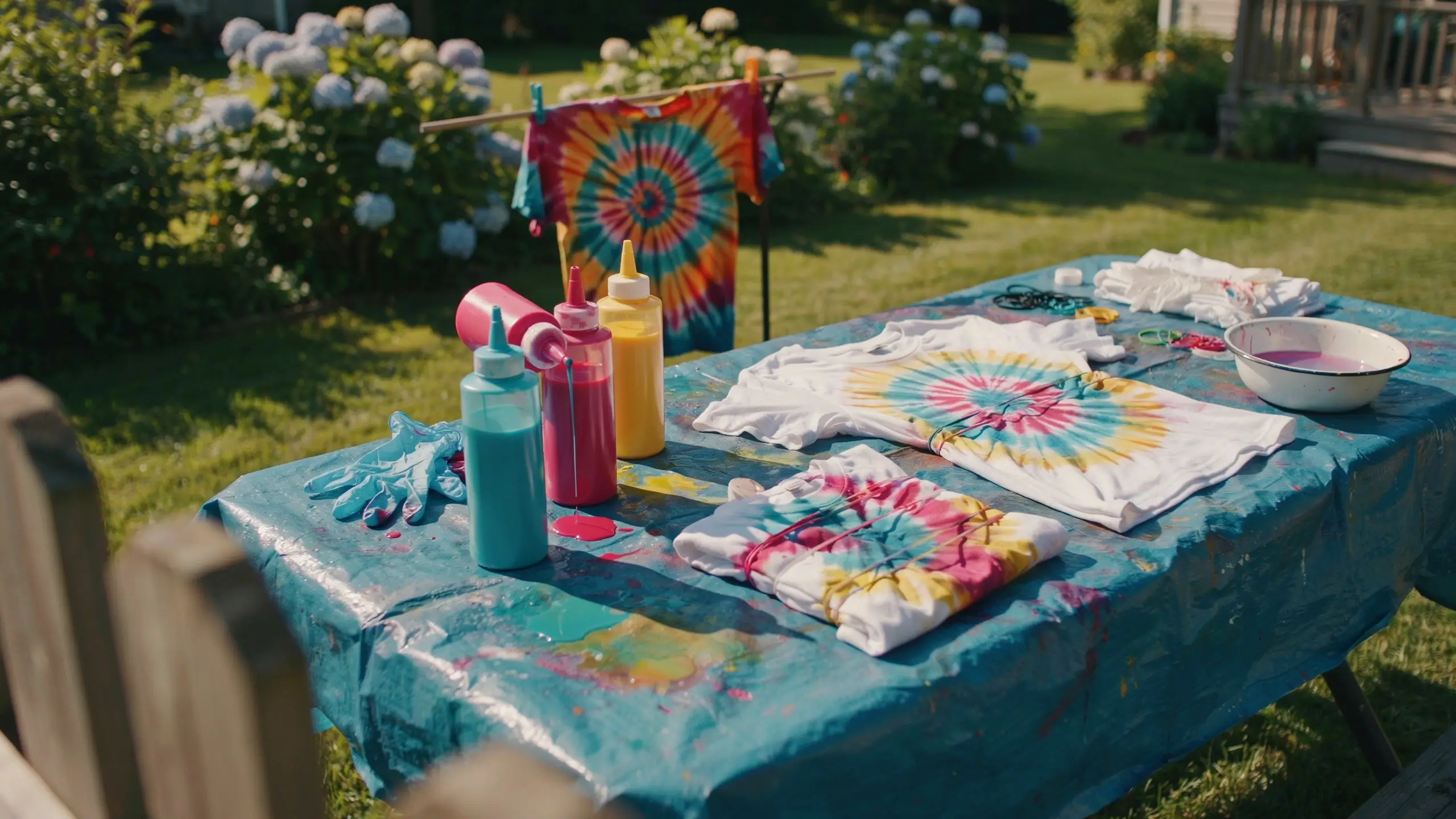 A table covered in a blue tarp holds blue, pink, and yellow dye bottles and a prepped white t-shirt for tie-dyeing, while a completed spiral shirt hangs in the sunny backyard.