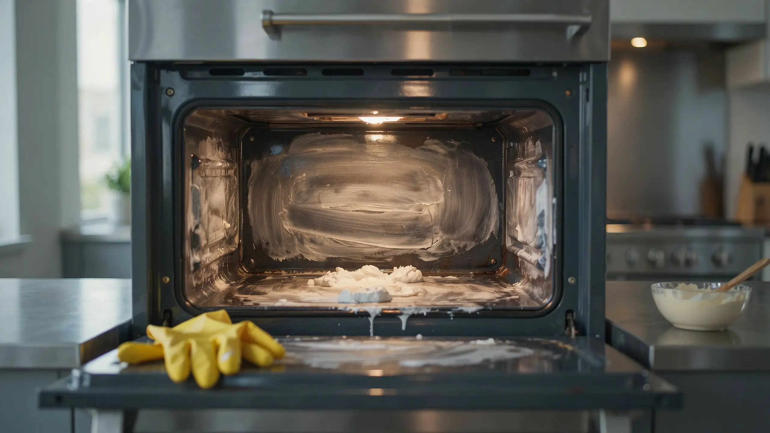 Open oven interior fully coated in thick white cleaning paste to dissolve grease, with yellow rubber cleaning gloves resting on the open door and a mixing bowl in the background.