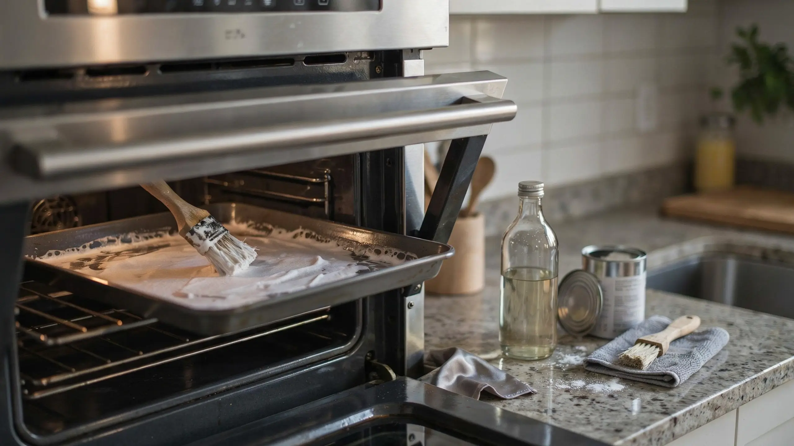 A wooden brush spreading white baking soda paste across an oven tray, with a glass bottle of cleaning vinegar and an open tin of powder resting on the granite kitchen counter.