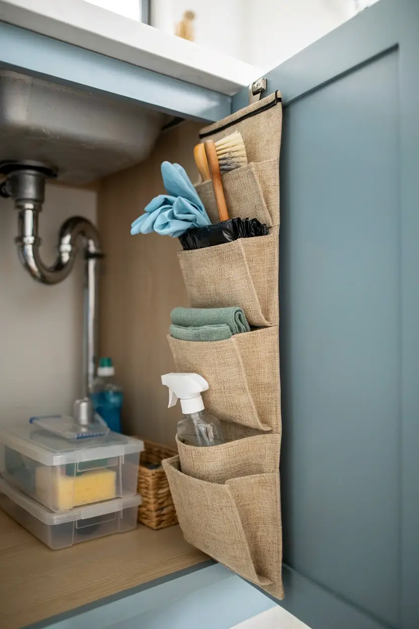 Over-the-door organizer holding cleaning brushes, gloves, cloths, and a spray bottle under the kitchen sink.