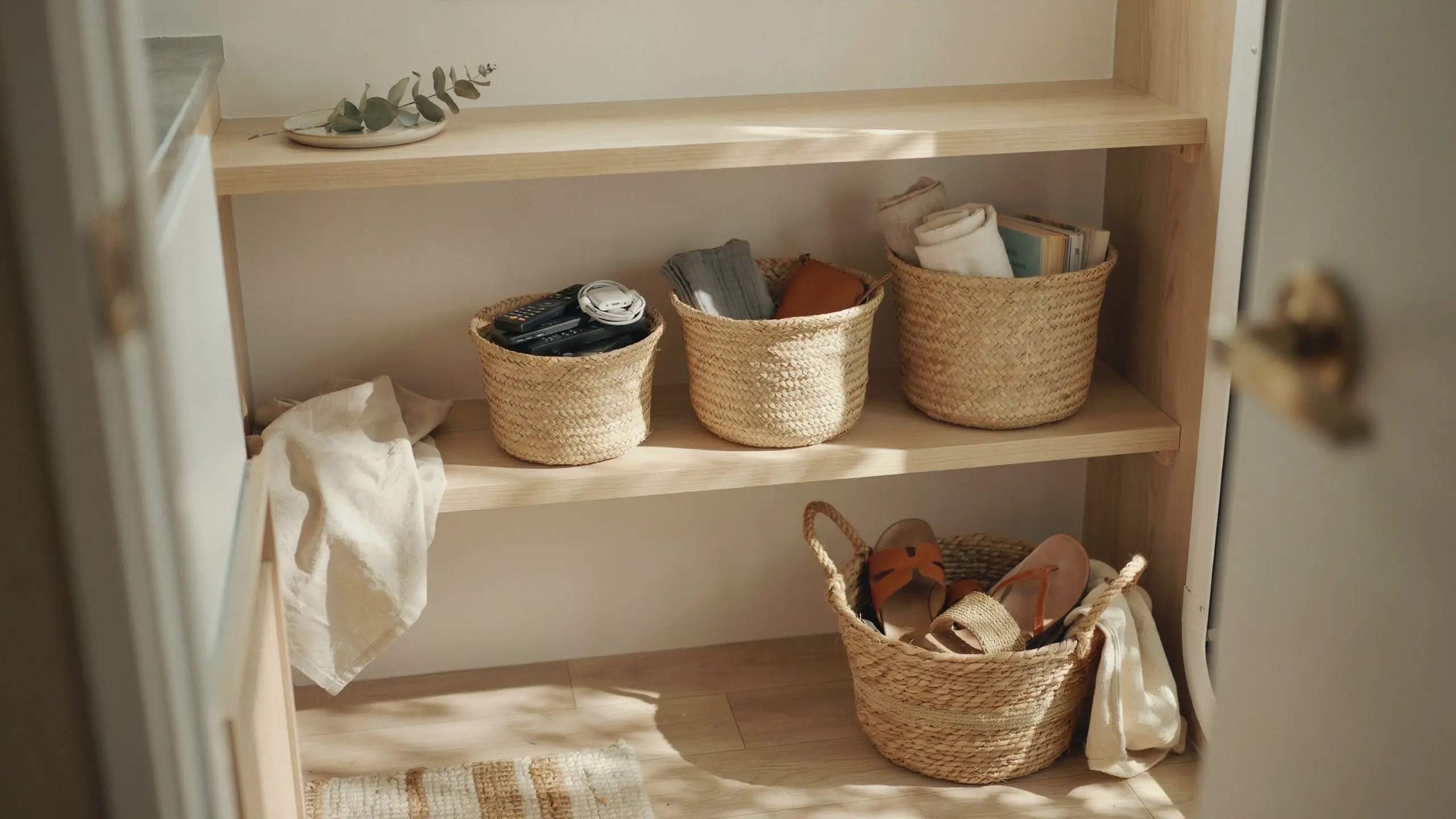 Minimalist wooden closet shelving with natural woven baskets holding remotes, rolled towels, and leather sandals, illustrating an alternative space-saving storage setup compared to an over-the-door shoe organizer in a bathroom or closet. 