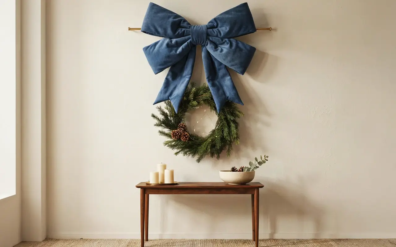 Oversized navy velvet bow above a pine Christmas wreath and wooden console table.