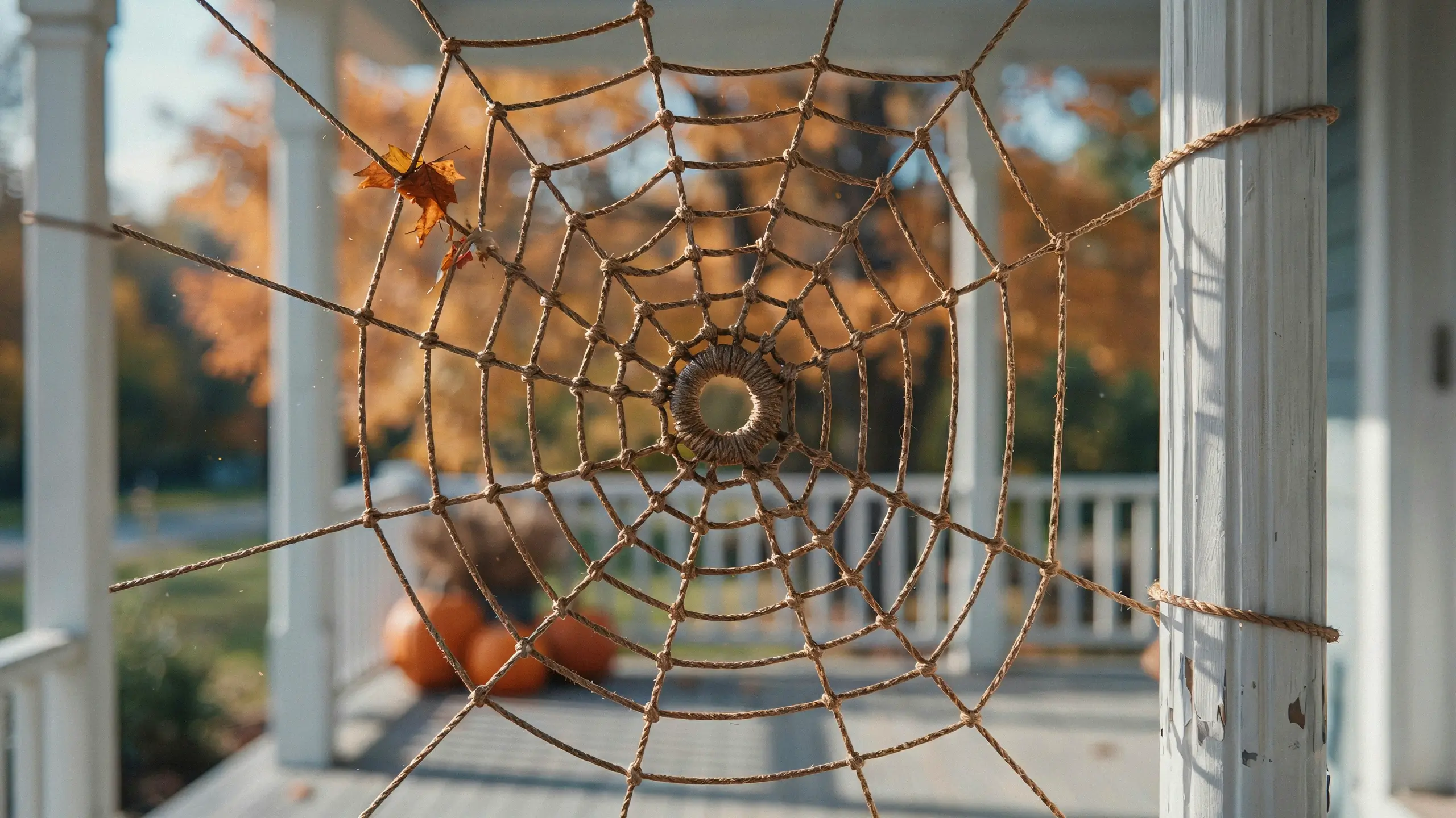 uge handcrafted rope spiderweb decoration tied to a white porch pillar with a trapped autumn leaf, seasonal pumpkins, and orange fall foliage in the background.