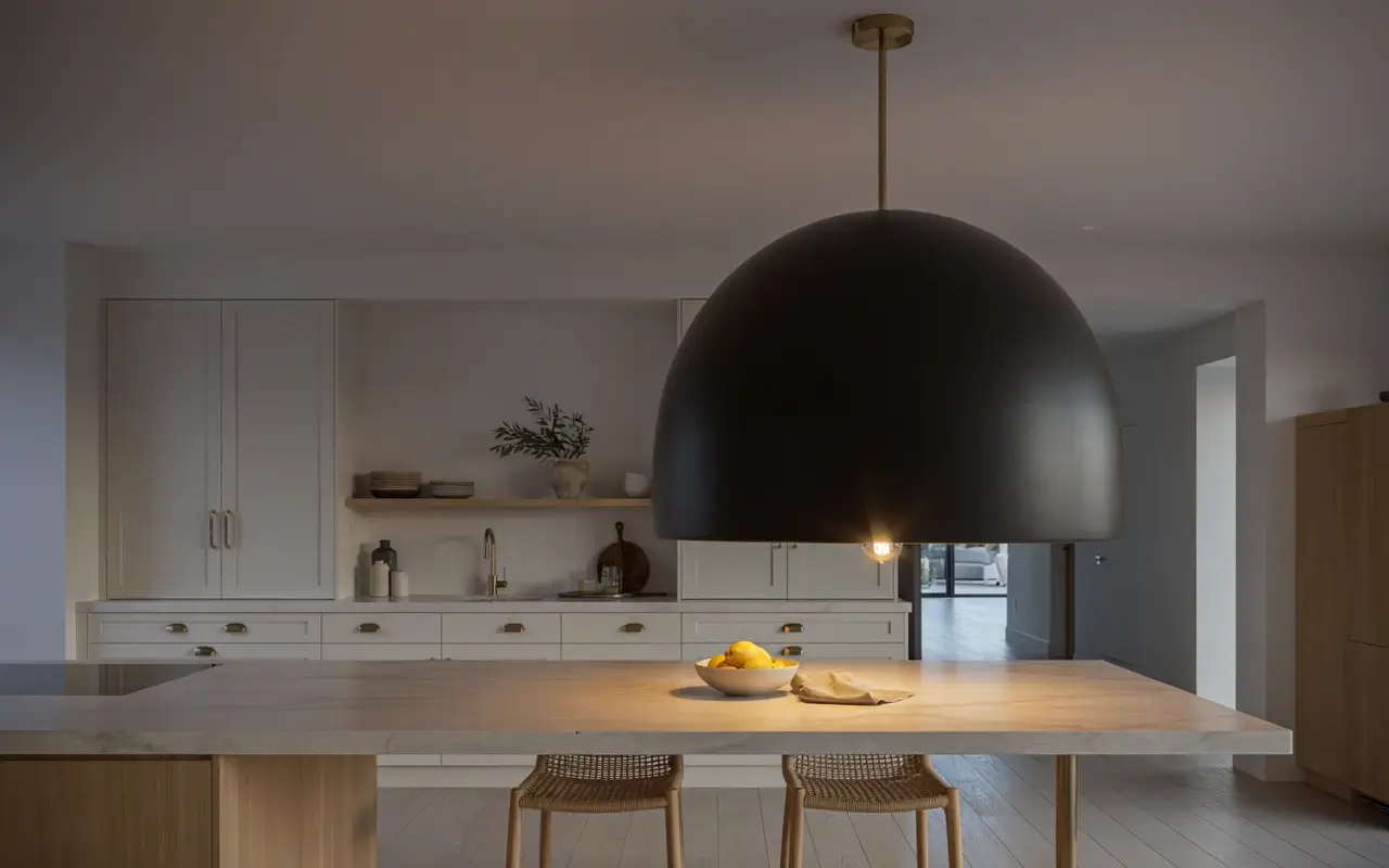 Oversized black single-drop pendant light hanging above a modern kitchen island with white cabinets.