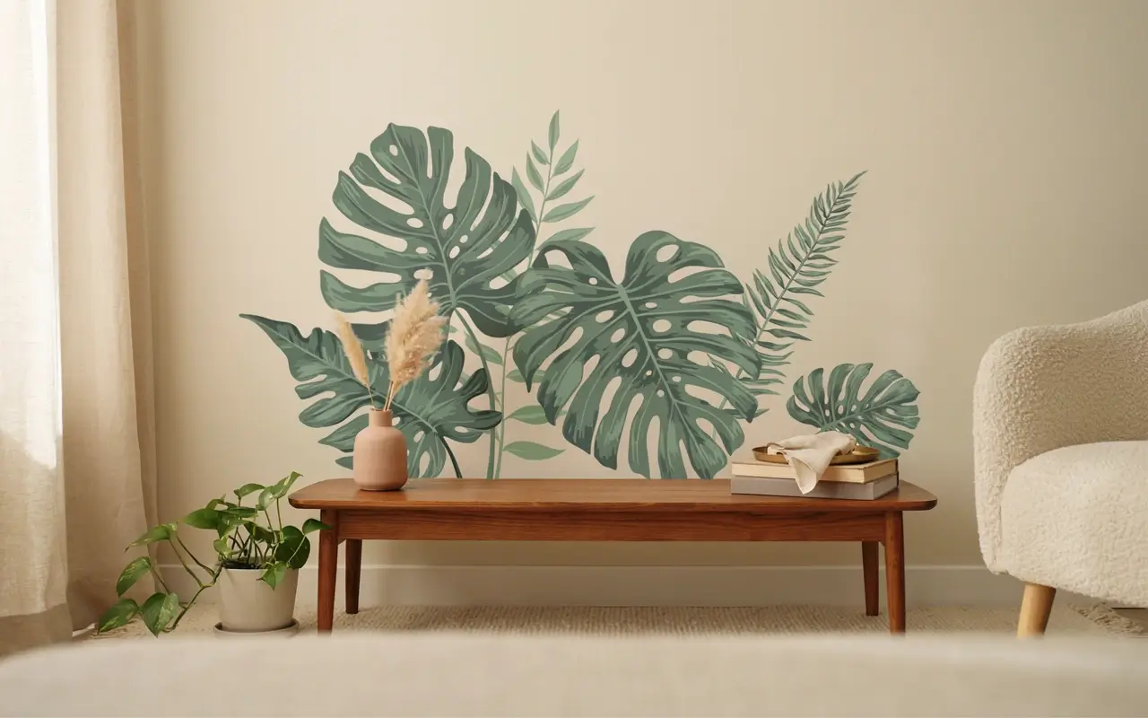 Oversized tropical leaf wall decals above a wooden bench in a renter-friendly living room.