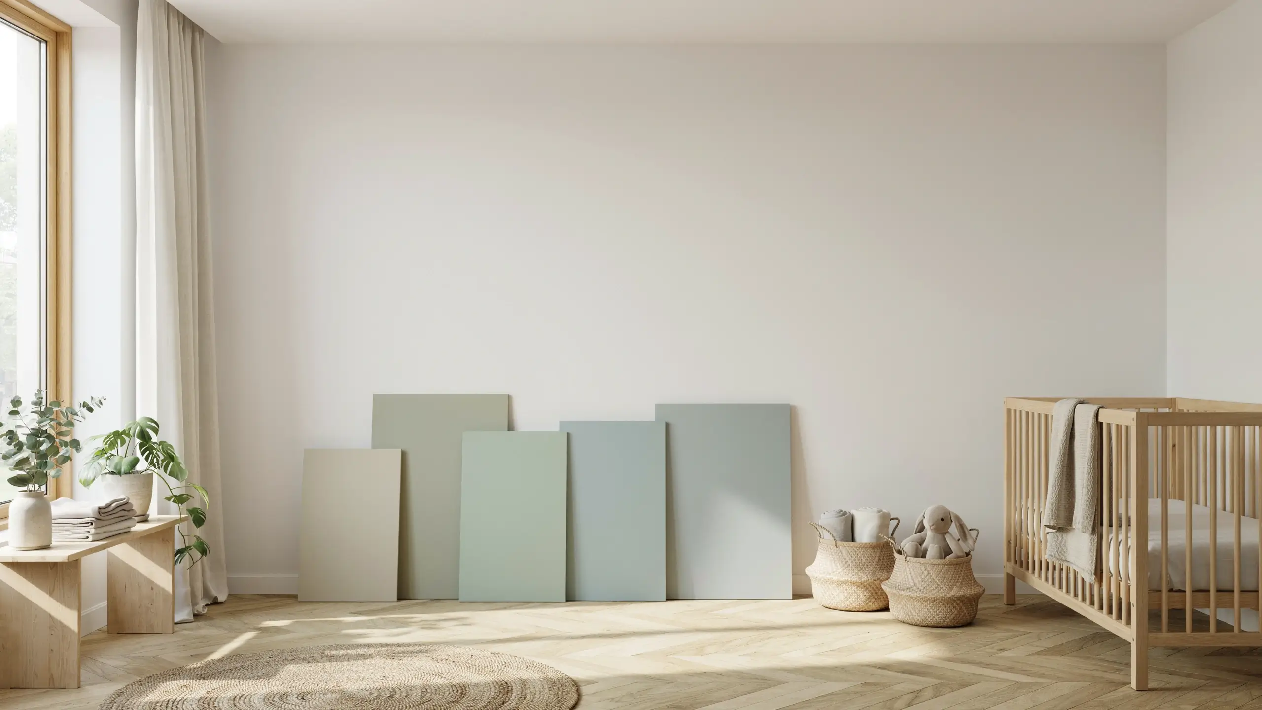 Minimalist nursery with sage green paint samples against a wall, natural wood crib, and Scandinavian decor to test an accent wall before painting the entire room.