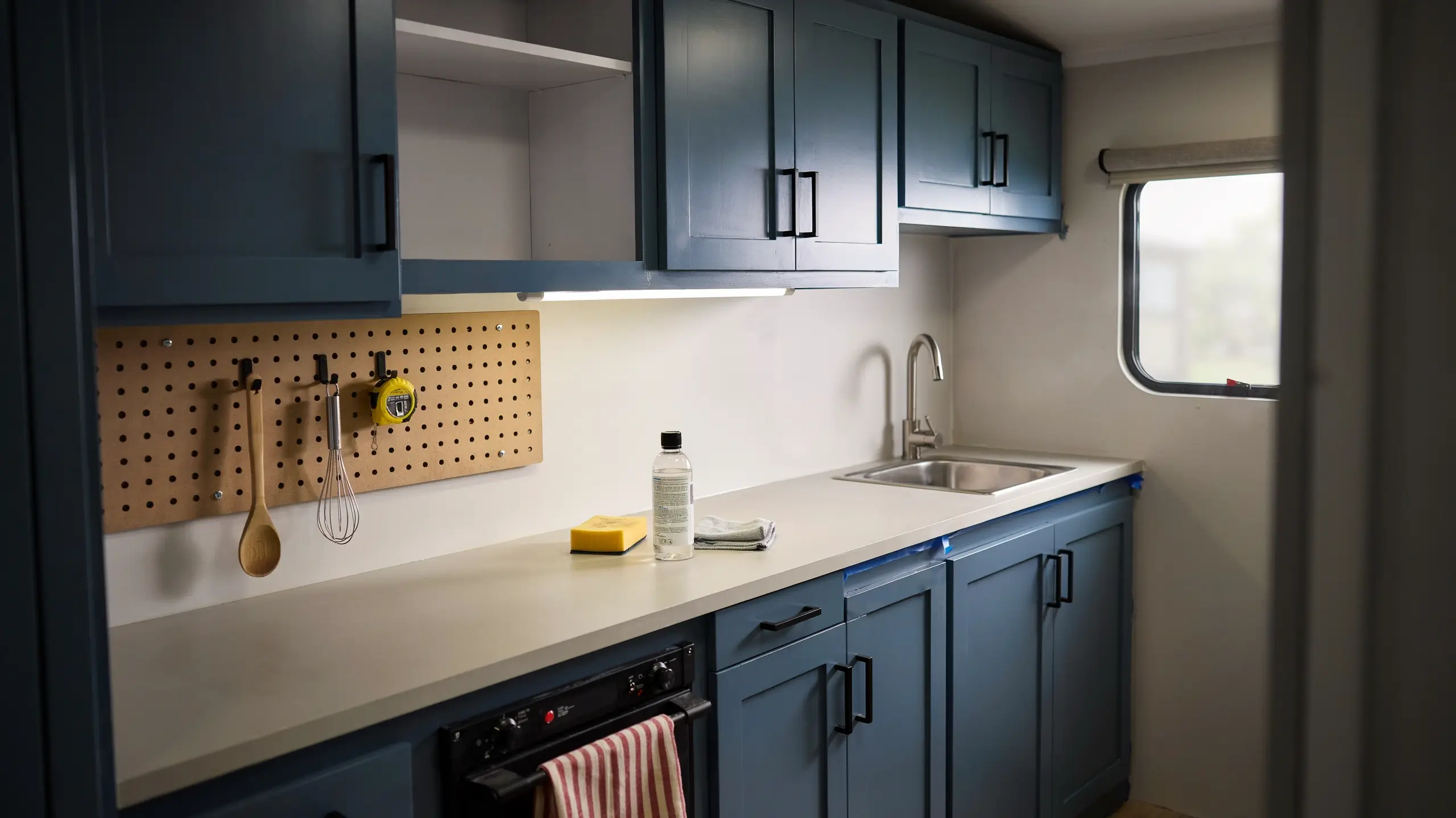 A newly renovated RV kitchen featuring freshly painted matte dark blue shaker-style cabinets with modern matte black hardware, a wooden pegboard holding utensils, and a stainless steel sink with an under-cabinet LED light strip. 