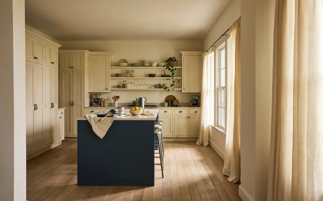 Navy painted kitchen island in a warm cream kitchen with open shelves and natural window light.