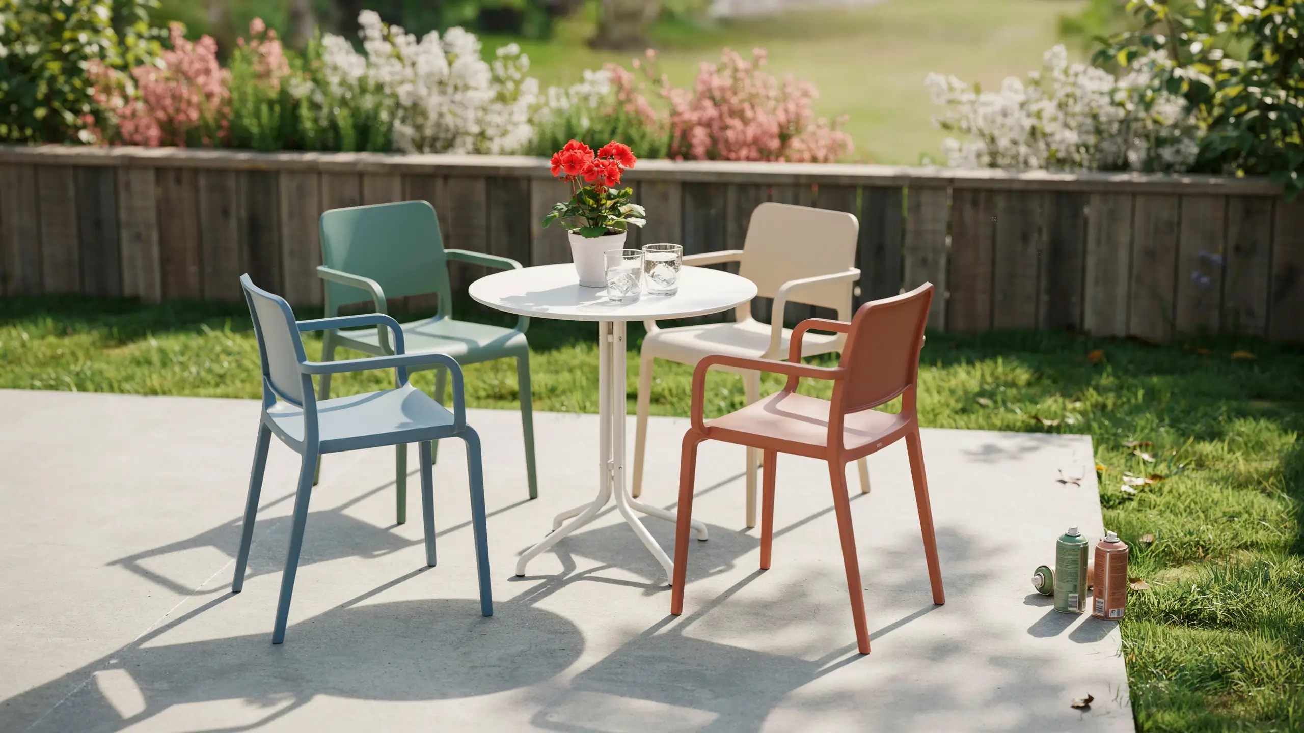 Four painted outdoor plastic chairs in slate blue, sage green, cream, and terracotta red arranged around a white round bistro table with a red potted plant on a sunny concrete patio, with matching spray paint cans beside them to illustrate a fresh DIY weekend furniture refresh. 