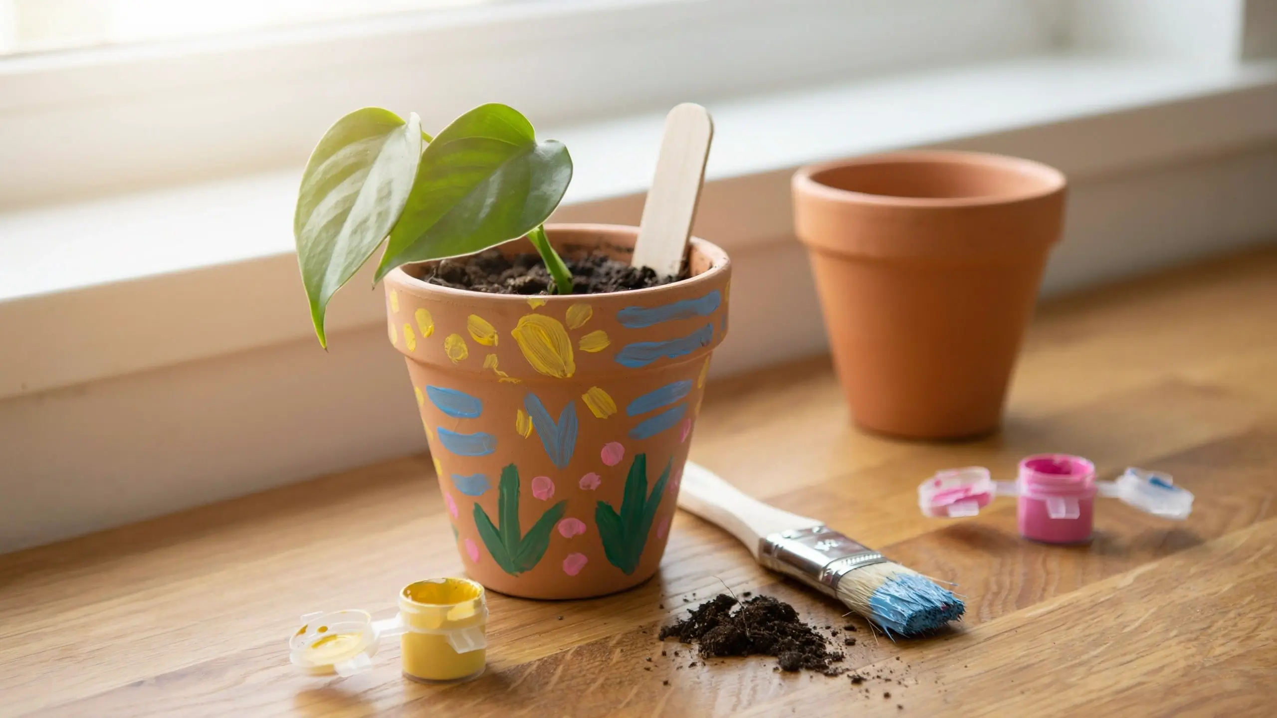 Child-painted terracotta pot with a green plant cutting, paint pots, and a brush on a wooden table.