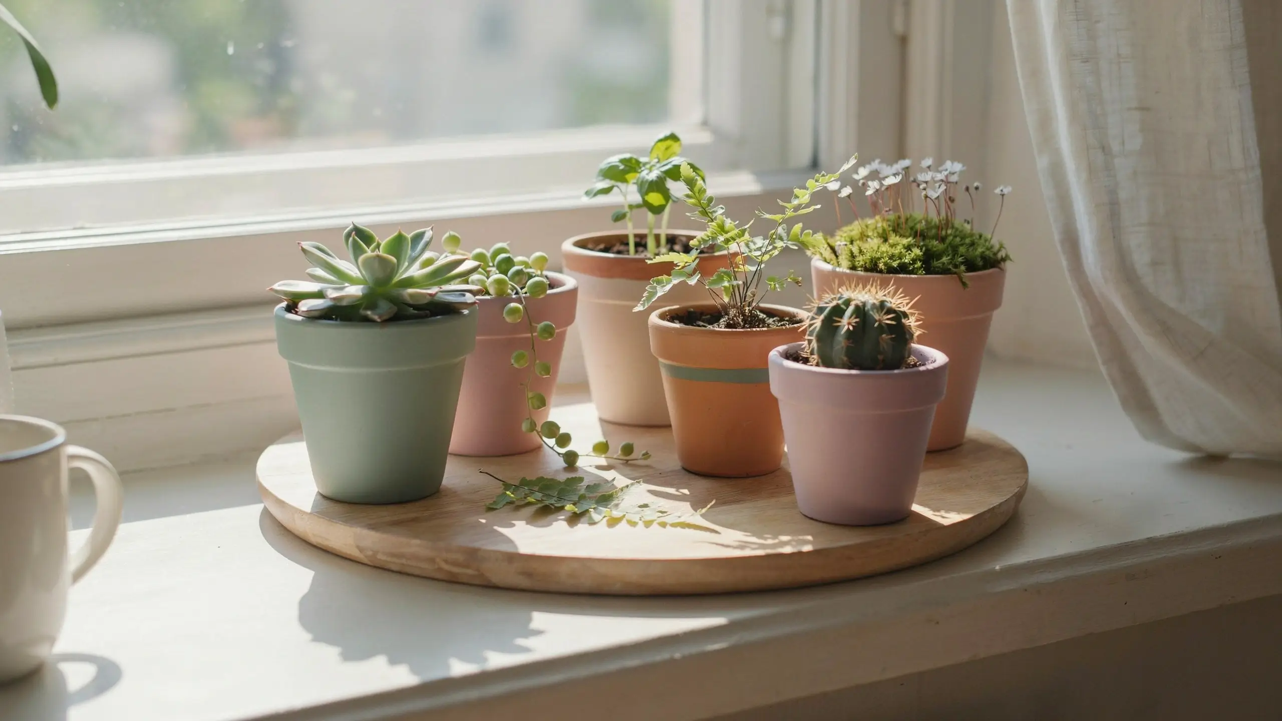A cluster of five pastel painted terracotta pots arranged on a wooden lazy Susan tray, featuring a green succulent, string of pearls, a small cactus, and a mossy plant, resting on a sunlit kitchen windowsill beside a white mug. 