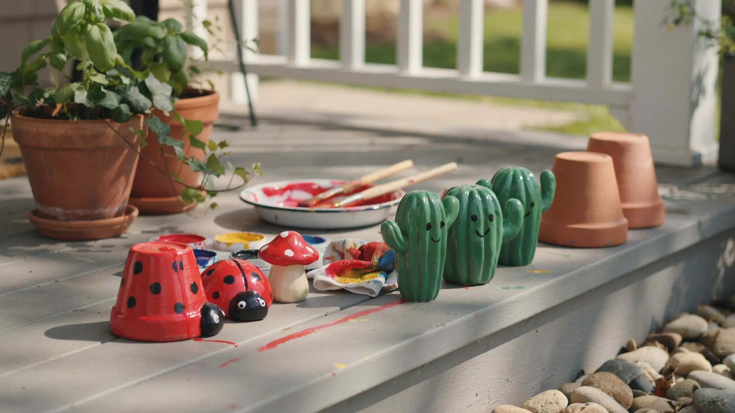 Alt Text: Hand-painted terracotta pot critters featuring green cactus planters with faces and red ladybug and mushroom pots on a sunny outdoor deck.