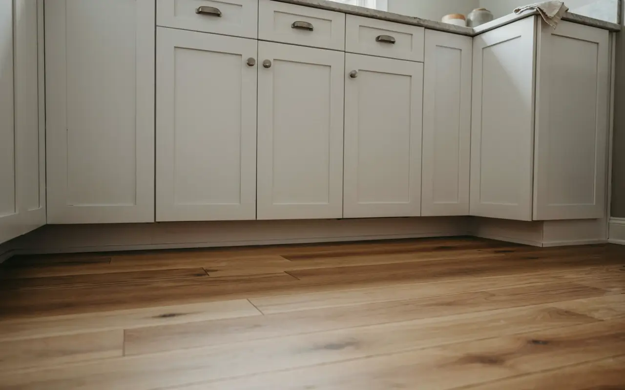 Kitchen cabinets with a toe kick painted to match the wood floor, creating a floating cabinet effect.