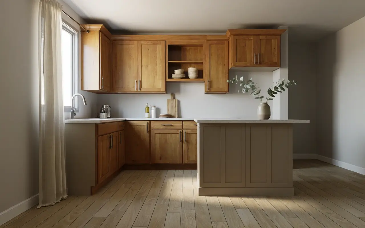 Painted wood island anchors a small hickory kitchen with warm cabinets, open shelf, and soft gray walls.