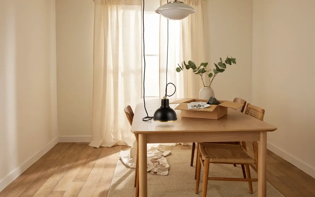 Dining room with neutral walls, wooden table, pendant lights, and painting supplies for rental wall updates