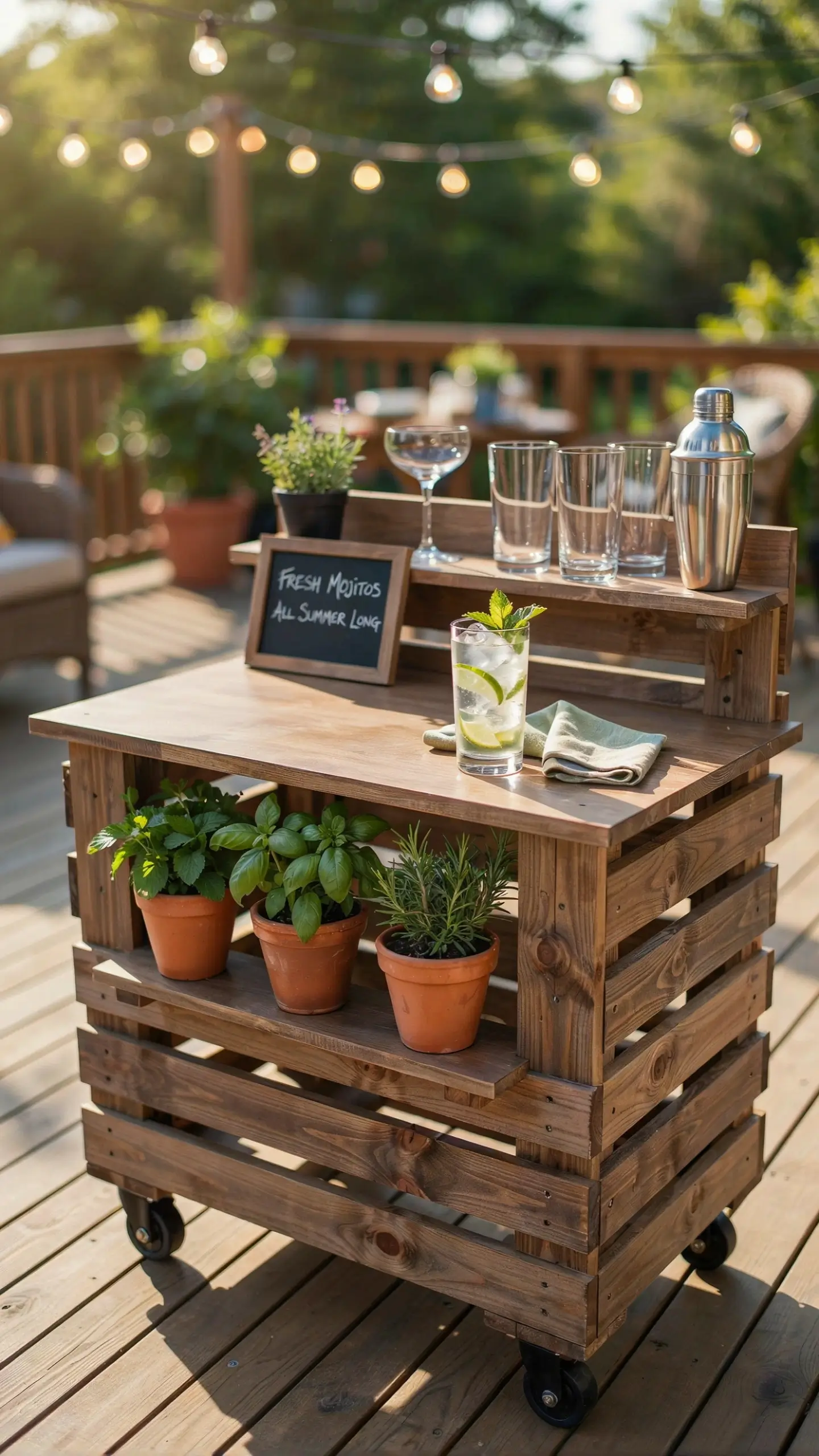 "A DIY pallet planter bar transformed into a summer entertaining station, featuring a tray of fresh mojitos garnished with mint and lime slices on a sunny patio."