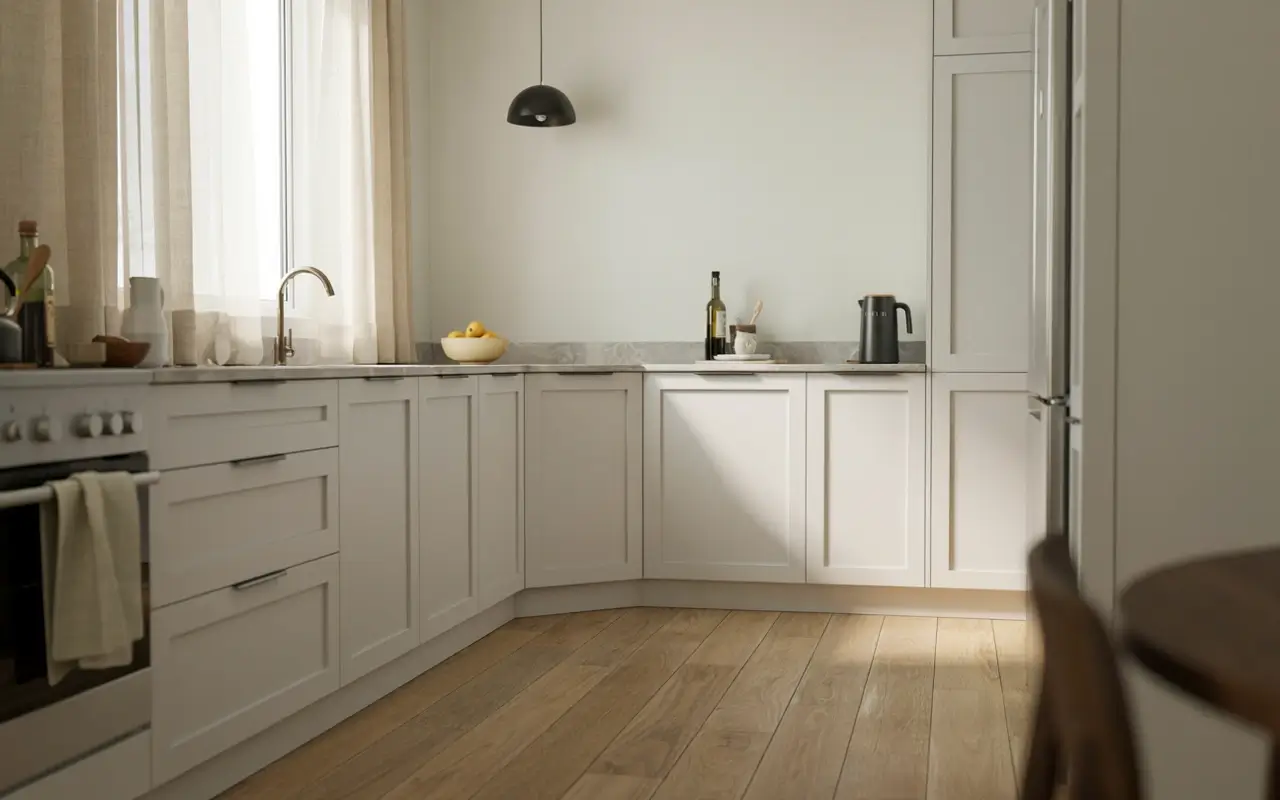 Panel-ready fridge hidden in white cabinets beside a bright kitchen peninsula run