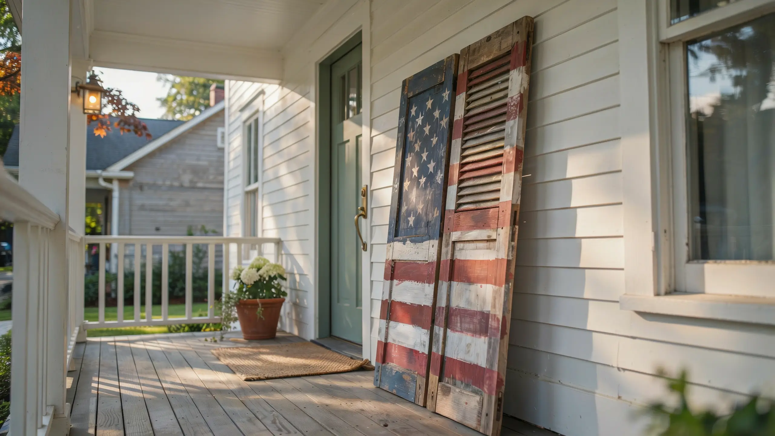 Vintage American flag painted on wooden shutters beside a green front door.