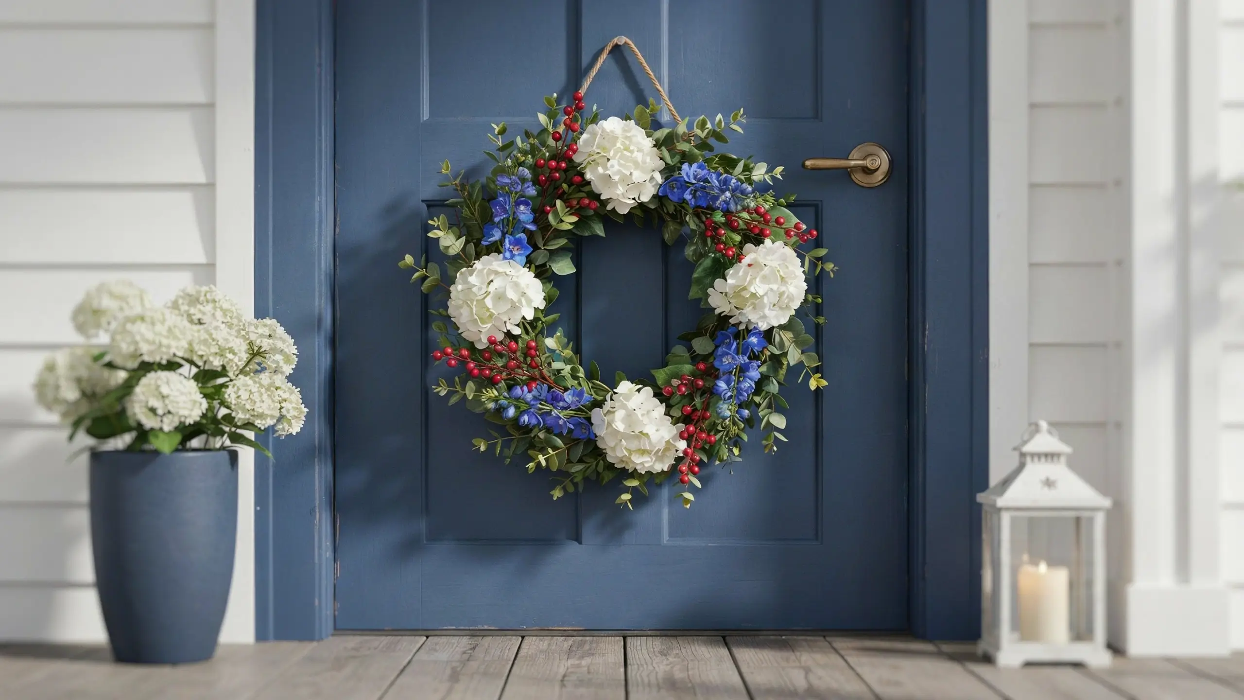 Red, white and blue patriotic wreath with hydrangeas and berries on a navy front door