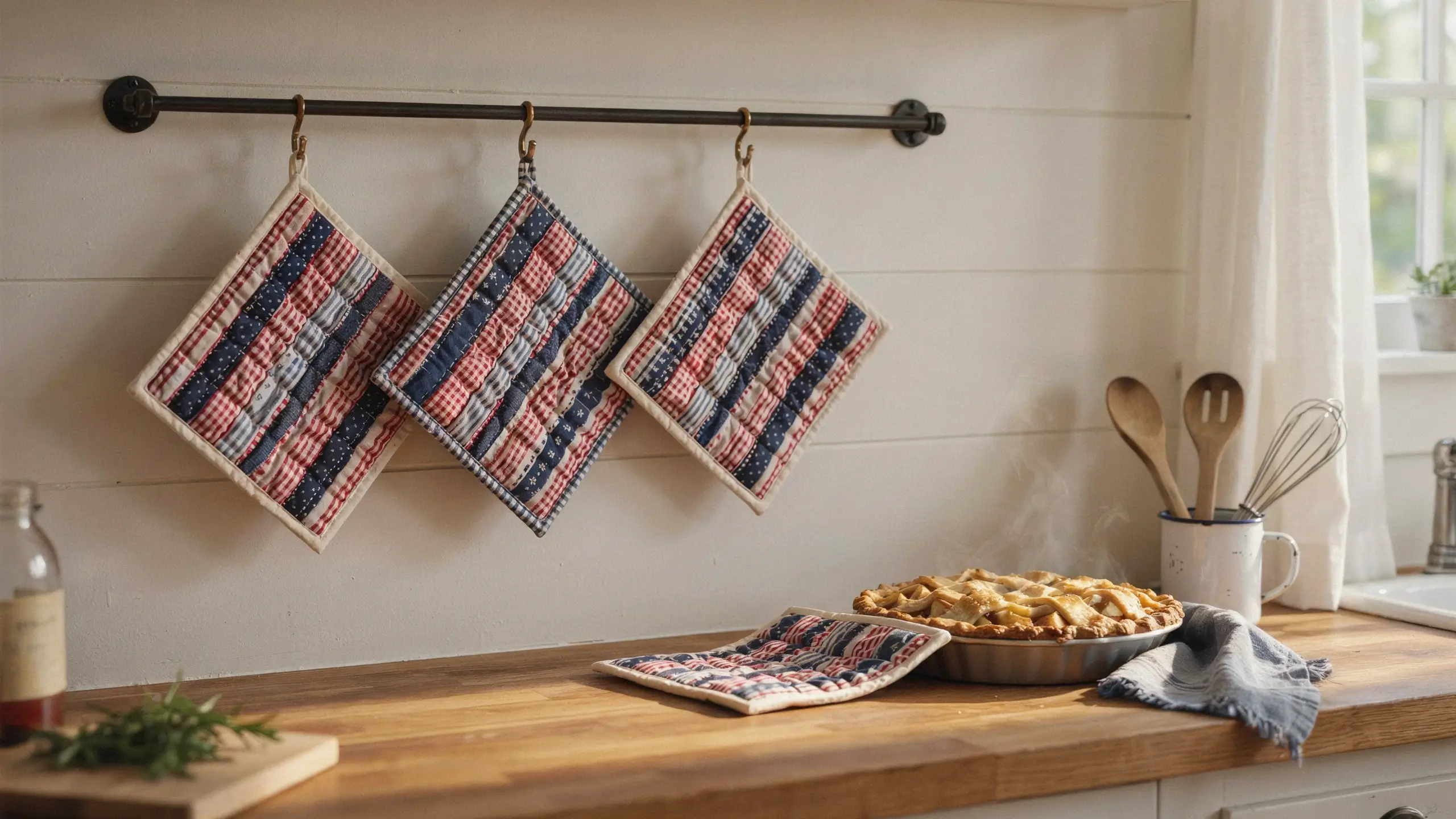 Three rustic red, white, and blue patriotic quilted potholders hanging on a black metal rod above a wooden kitchen countertop, alongside a freshly baked, steaming apple pie in a tin and a white mug of wooden cooking utensils.