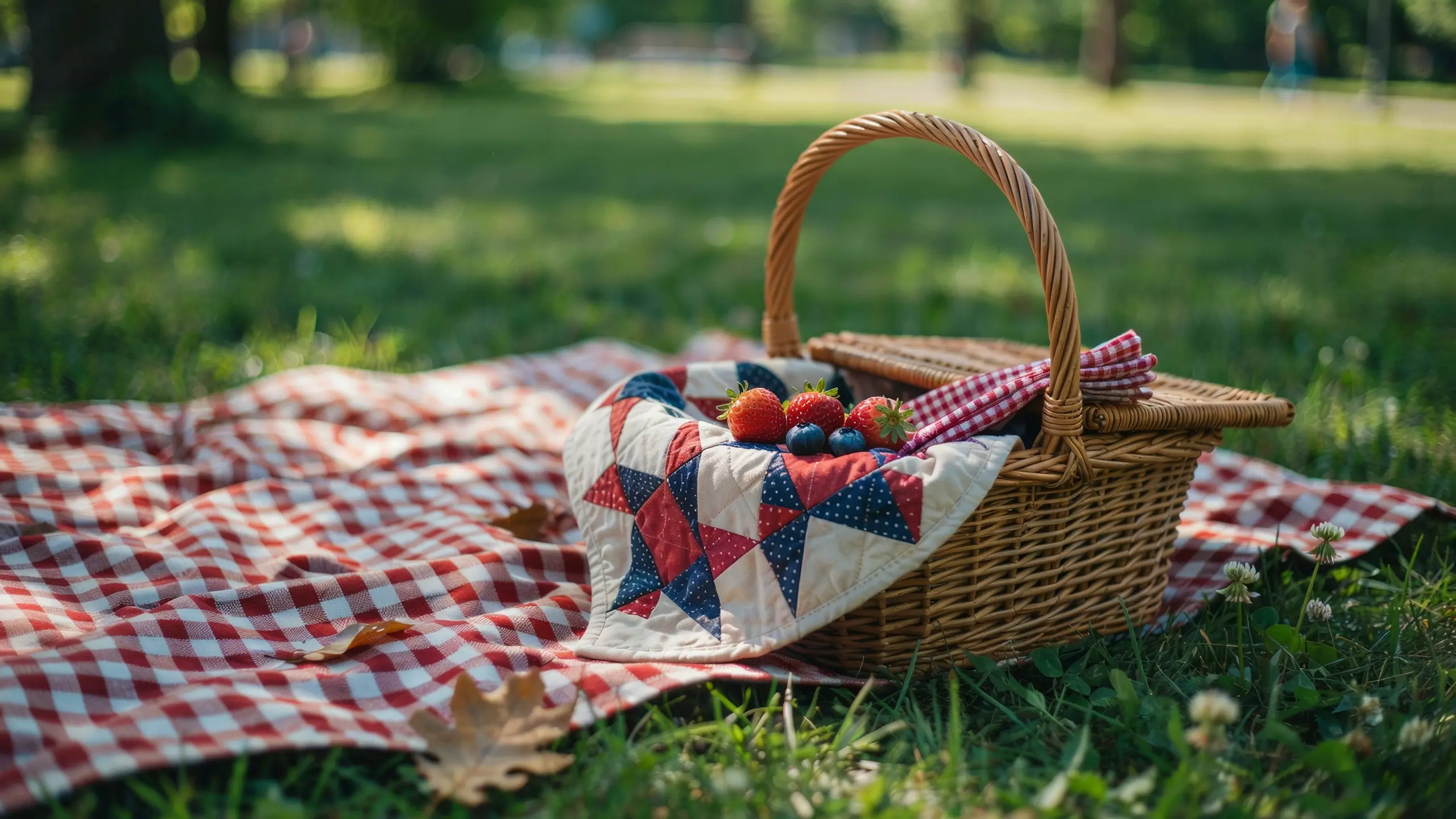A woven wicker picnic basket featuring a patriotic red, white, and blue star-patterned quilted liner, filled with fresh strawberries and blueberries resting on a red-and-white checkered blanket in a sunny grassy park.