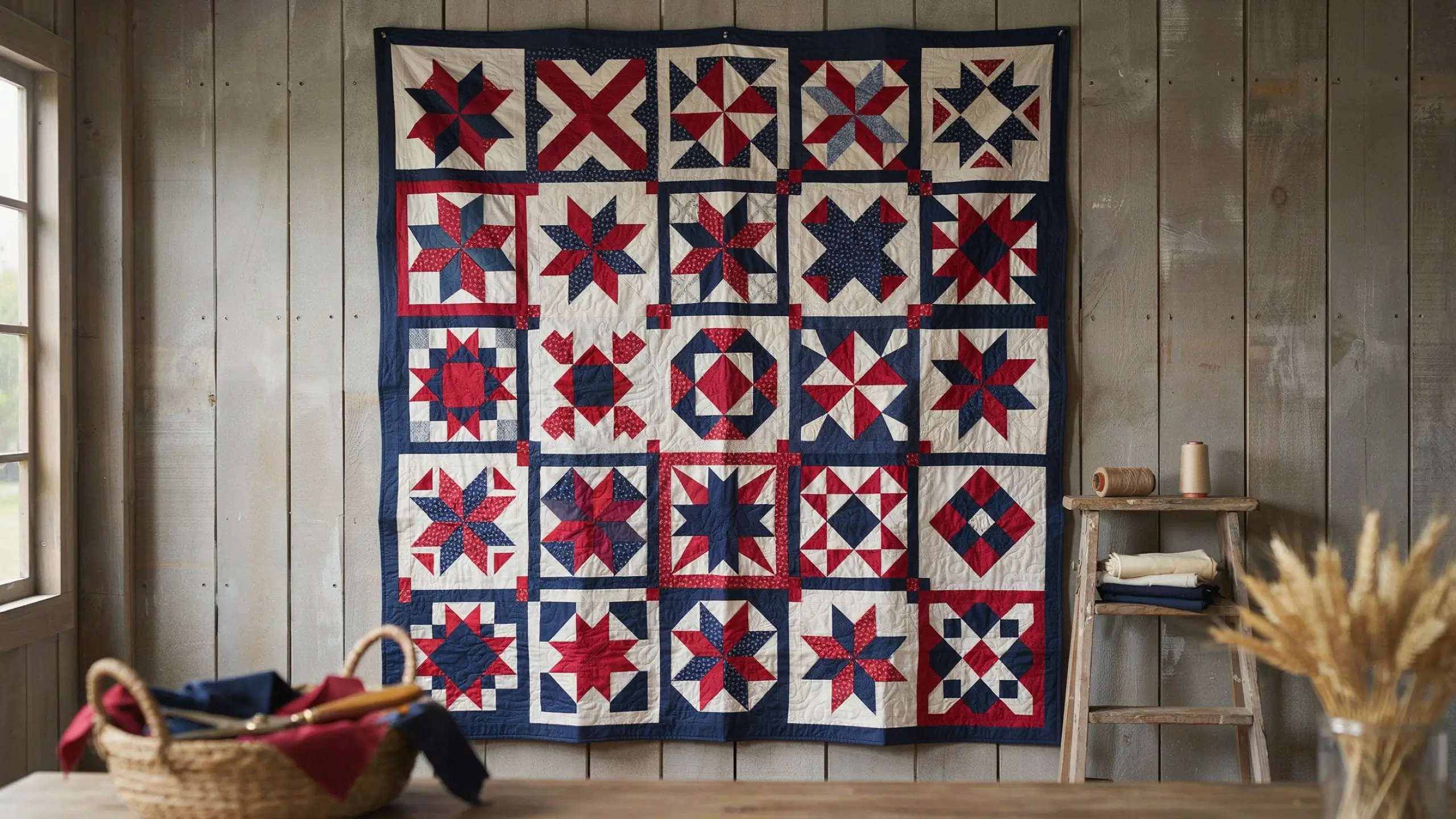 Red, white, and navy blue twenty-five block patriotic star sampler quilt hanging on rustic farmhouse wooden wall