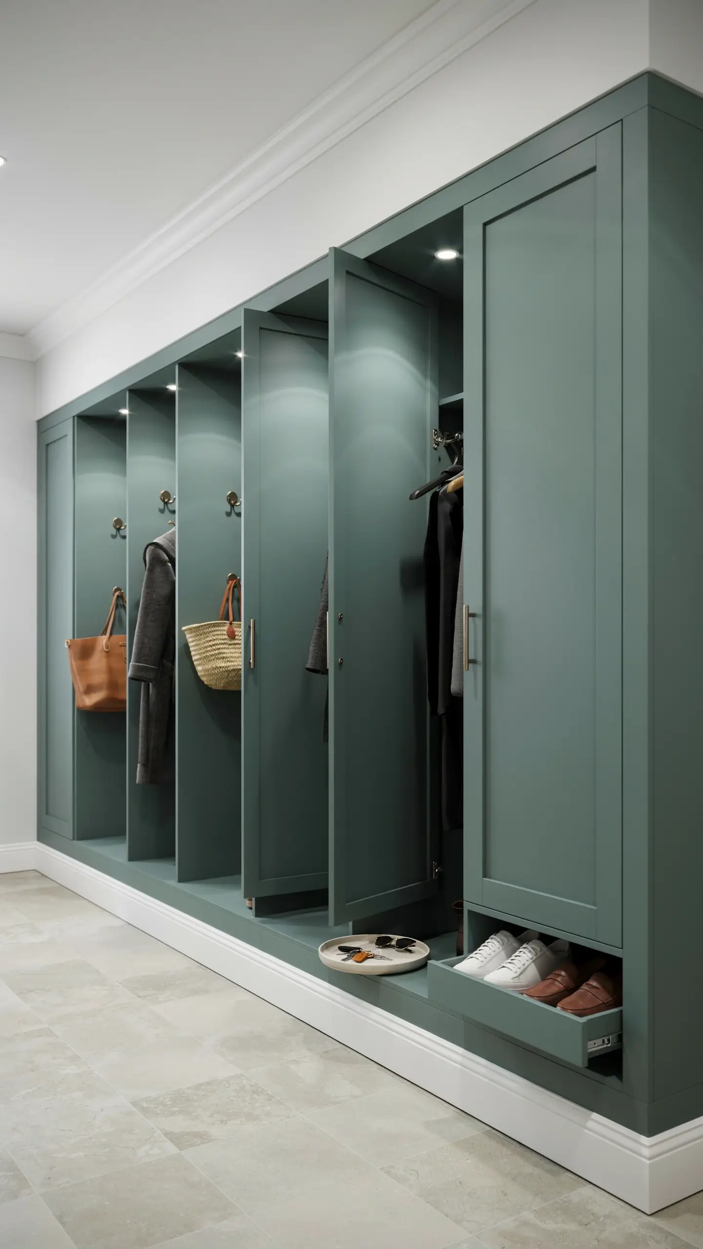 Sage green custom PAX wardrobes configured as mudroom lockers with brass hardware, hanging coat hooks, woven bags, and a built-in pull-out shoe drawer in a bright entryway. 
