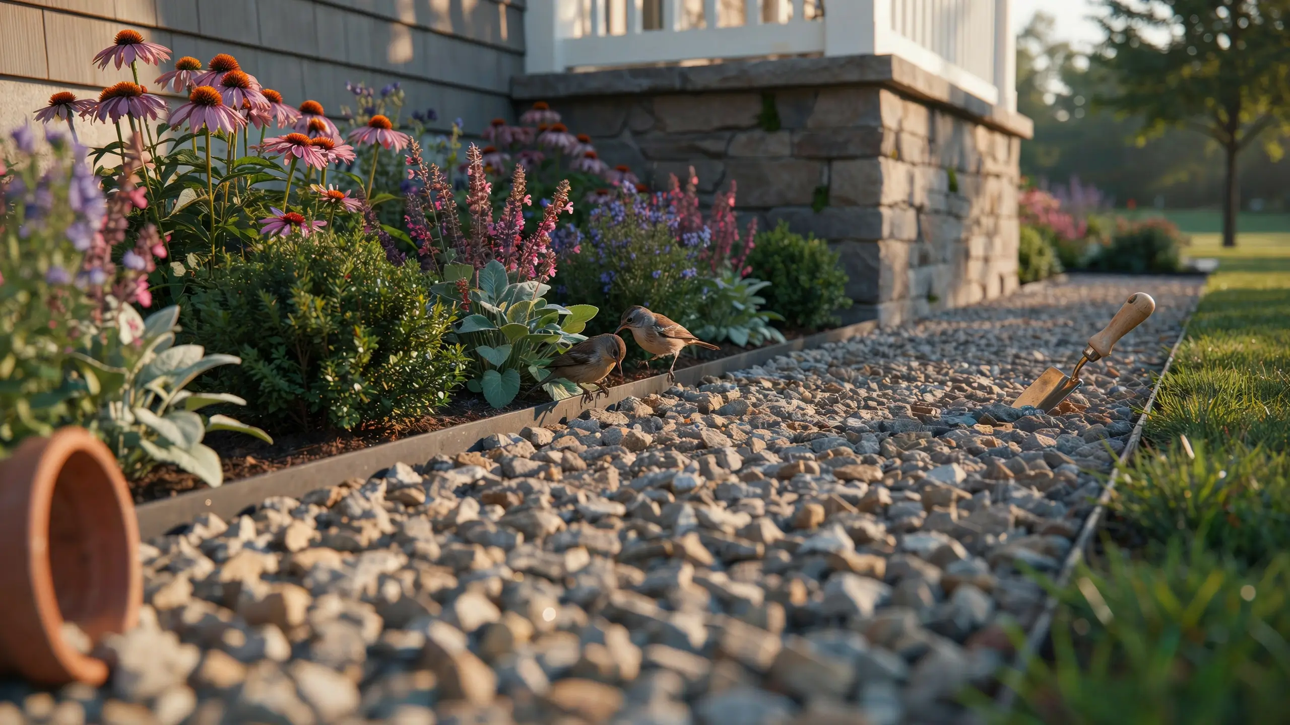 Two small brown birds resting on a pea gravel border path separating a manicured green lawn from a garden flower bed filled with purple coneflowers and salvia, illustrating a natural and low-maintenance landscape barrier