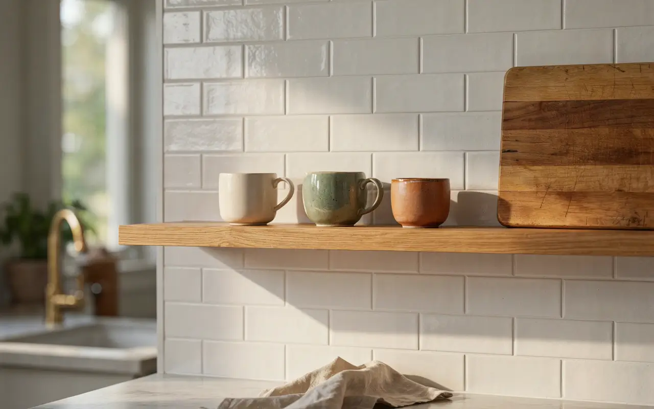 Wood floating shelf with mugs and cutting board against white peel-and-stick subway tile backsplash.
