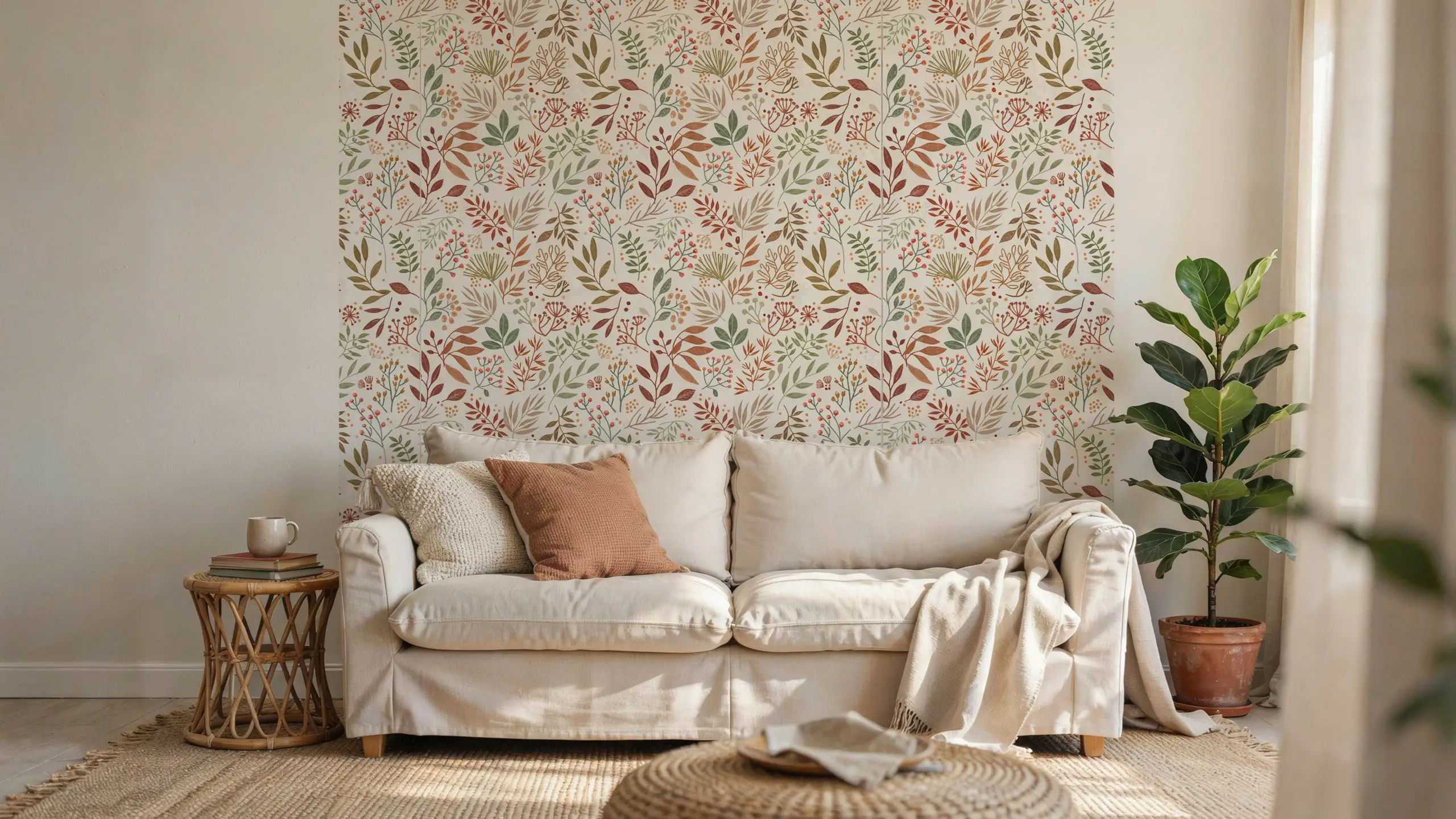 Boho living room with a peel-and-stick botanical accent wall behind a cream sofa.