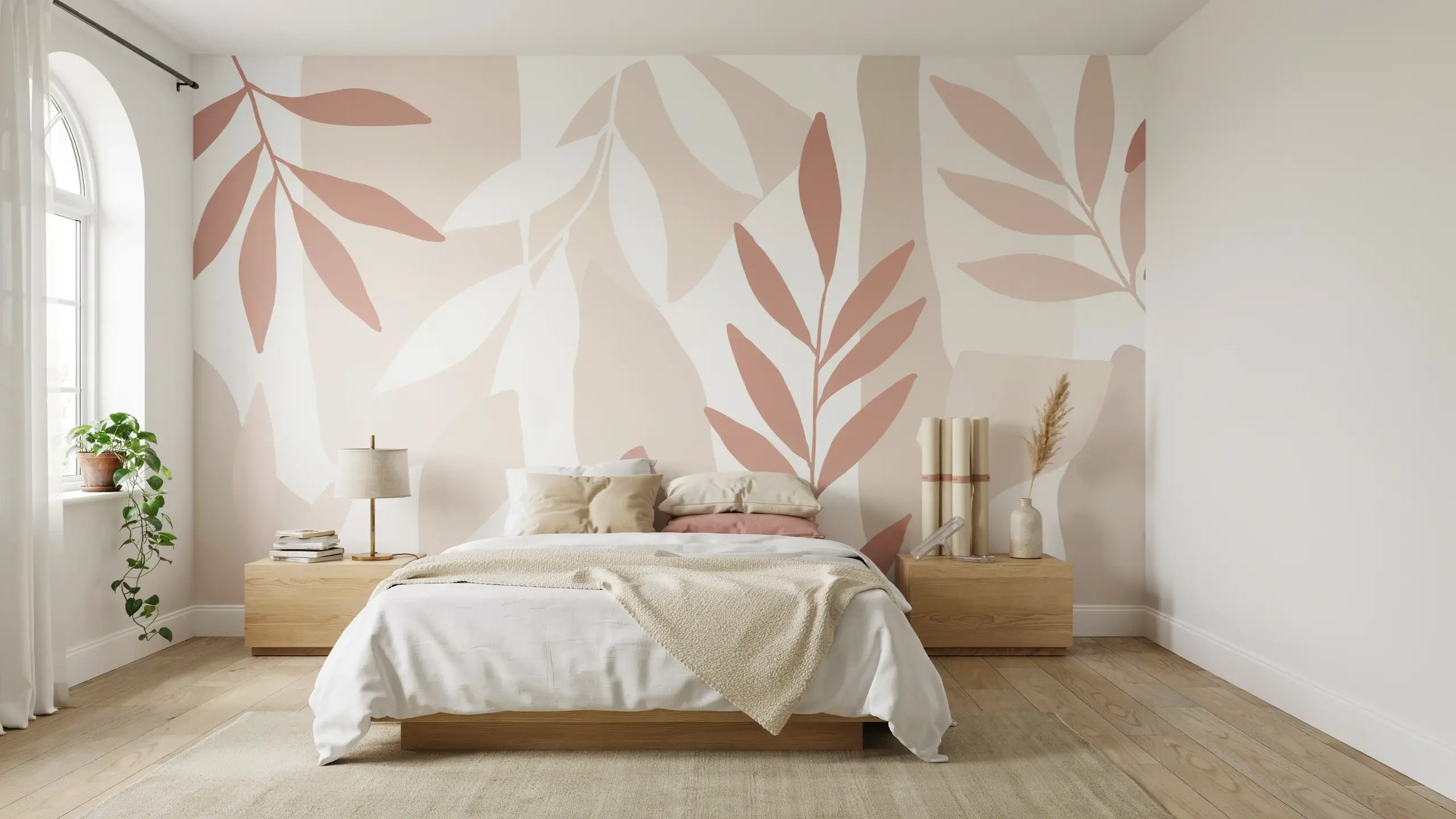  Modern earthy bedroom showcasing a large terracotta and blush botanical leaf mural peel-and-stick wallpaper, styled with a cozy white bed, wooden nightstands, and natural light from an arched window.