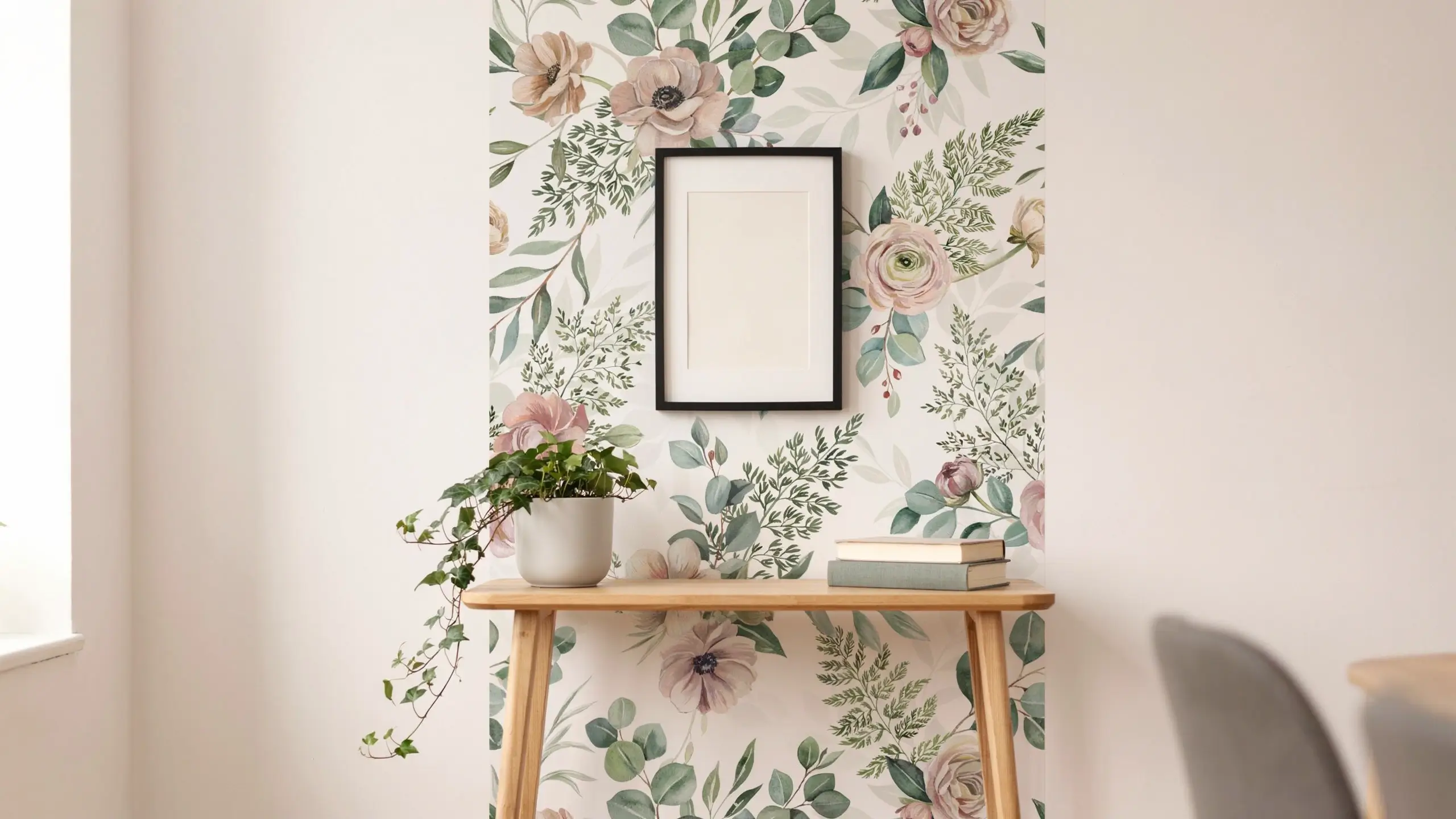 A watercolor-style peel-and-stick botanical wallpaper accent panel featuring soft pink flowers and green fern leaves, installed on a bright white wall. The panel is styled with a light wooden console table, a cascading trailing ivy plant, a stack of neutral books, and a blank black picture frame mockup centered on the mural. 