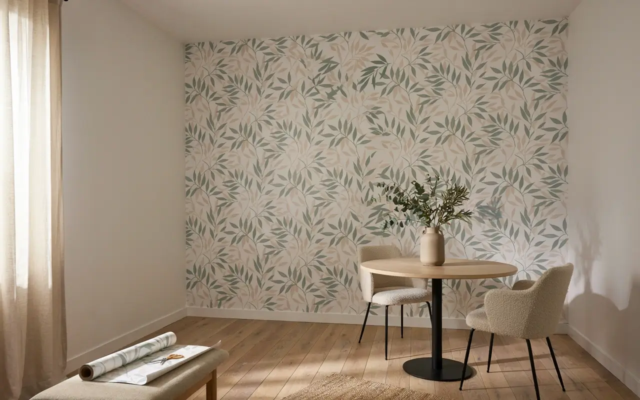 Botanical peel-and-stick wallpaper accent wall in a bright rental dining room.