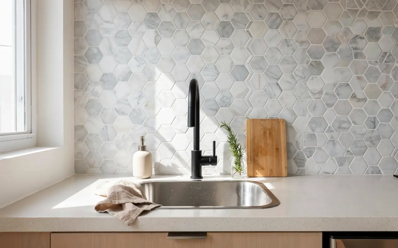 Peel-and-stick marble hex tile backsplash above a kitchen sink with black faucet and wood cutting board