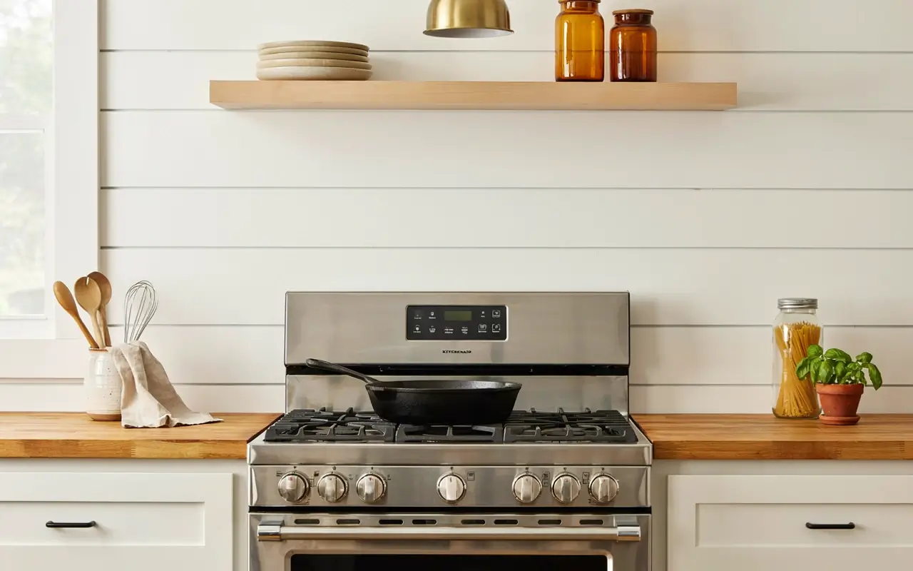 Peel-and-stick shiplap panels behind a stainless range with wood counters and open shelf