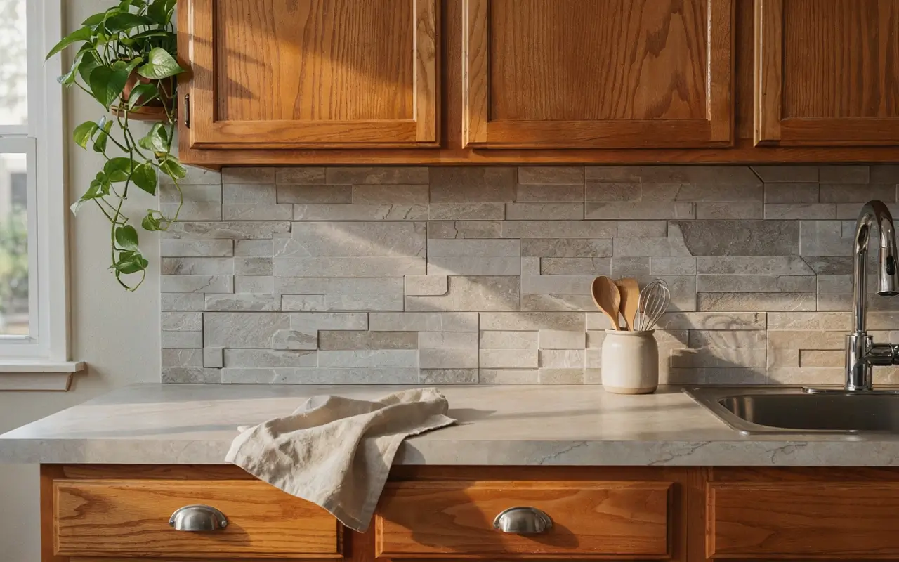 Hickory kitchen cabinets with gray stone-look peel-and-stick backsplash panels, white counter, sink, and trailing plant.
