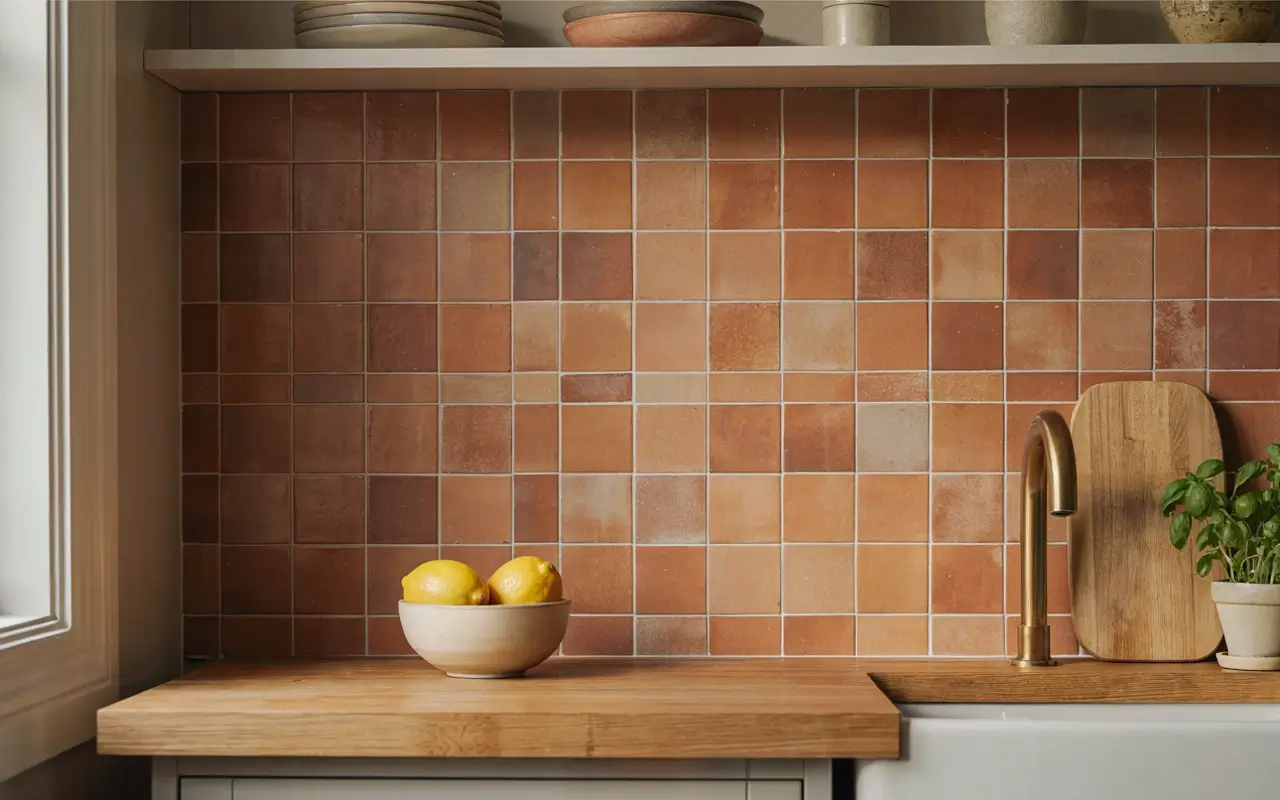 Peel-and-stick terracotta tile backsplash above a wood kitchen counter with lemons and a sink.