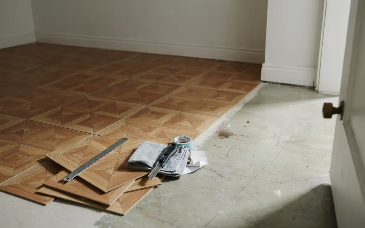 Peel-and-stick vinyl tiles being installed over an existing rental floor with basic tools nearby.
