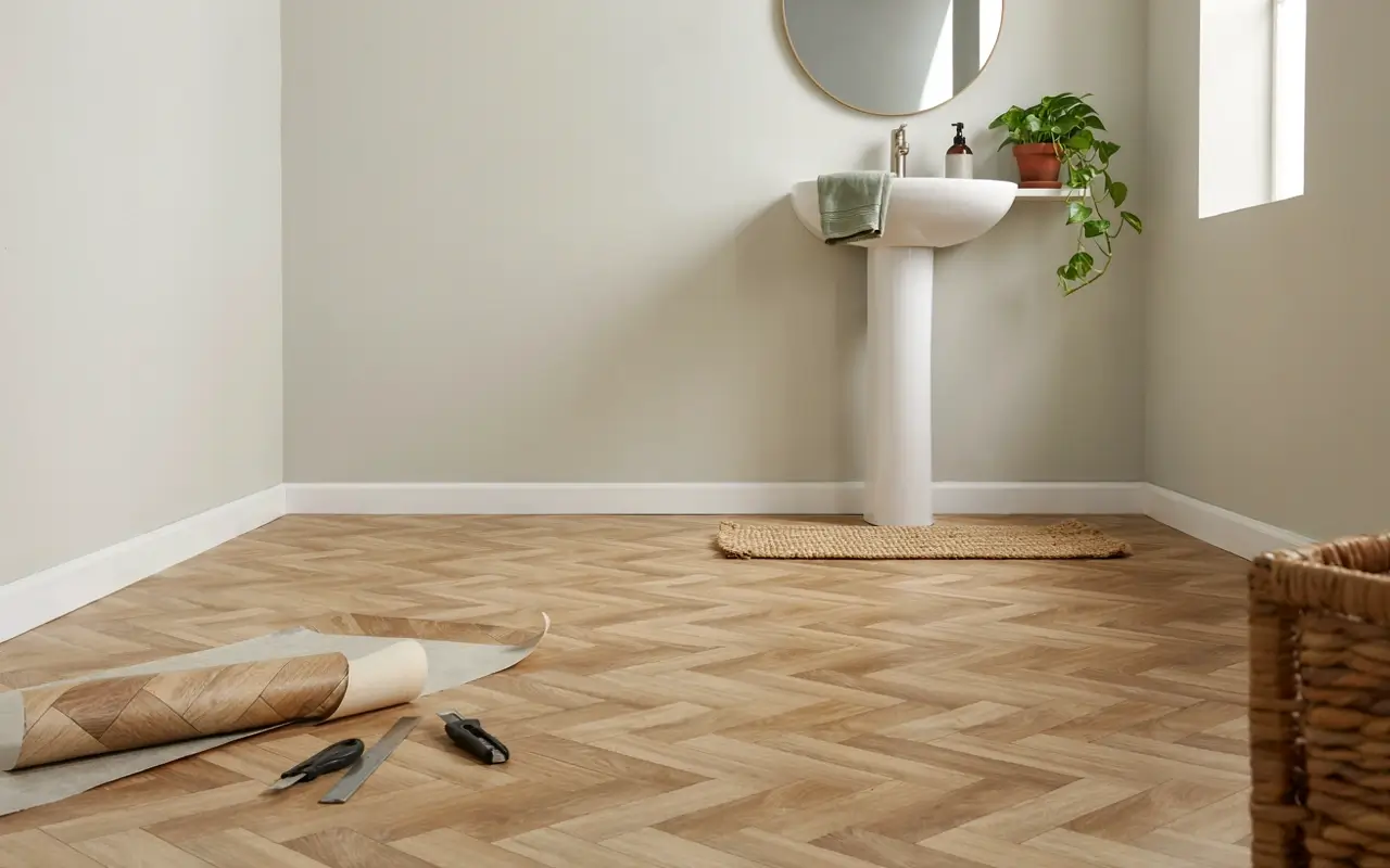 Peel-and-stick vinyl tile covering an ugly floor in a bright renter-friendly bathroom.