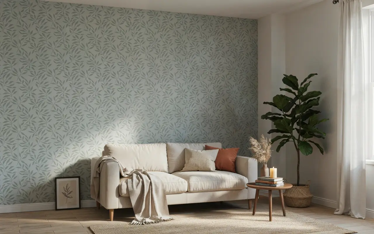 Peel-and-stick wallpaper accent wall behind a cream sofa in a cozy living room.