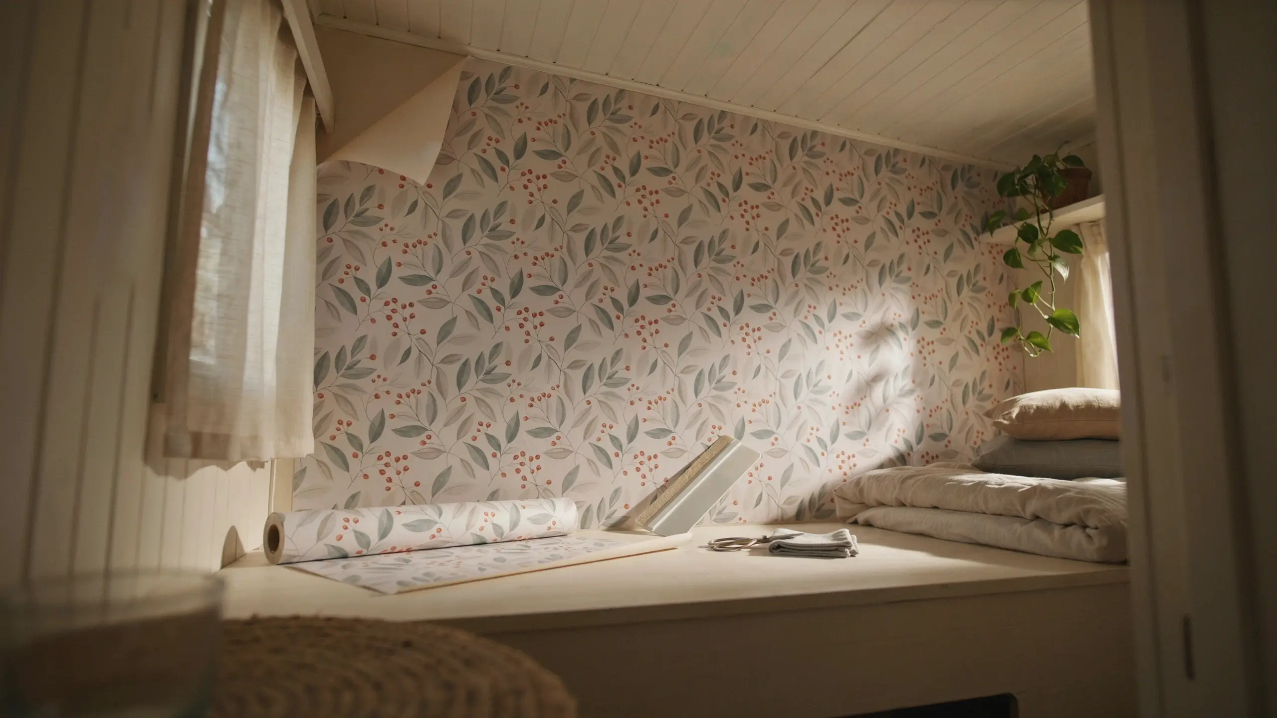 Applying removable peel-and-stick wallpaper with a botanical berry and leaf pattern on the white ceiling and wall of a cozy bedroom sleeping alcove, with the wallpaper roll and smoothing tool resting on the platform.