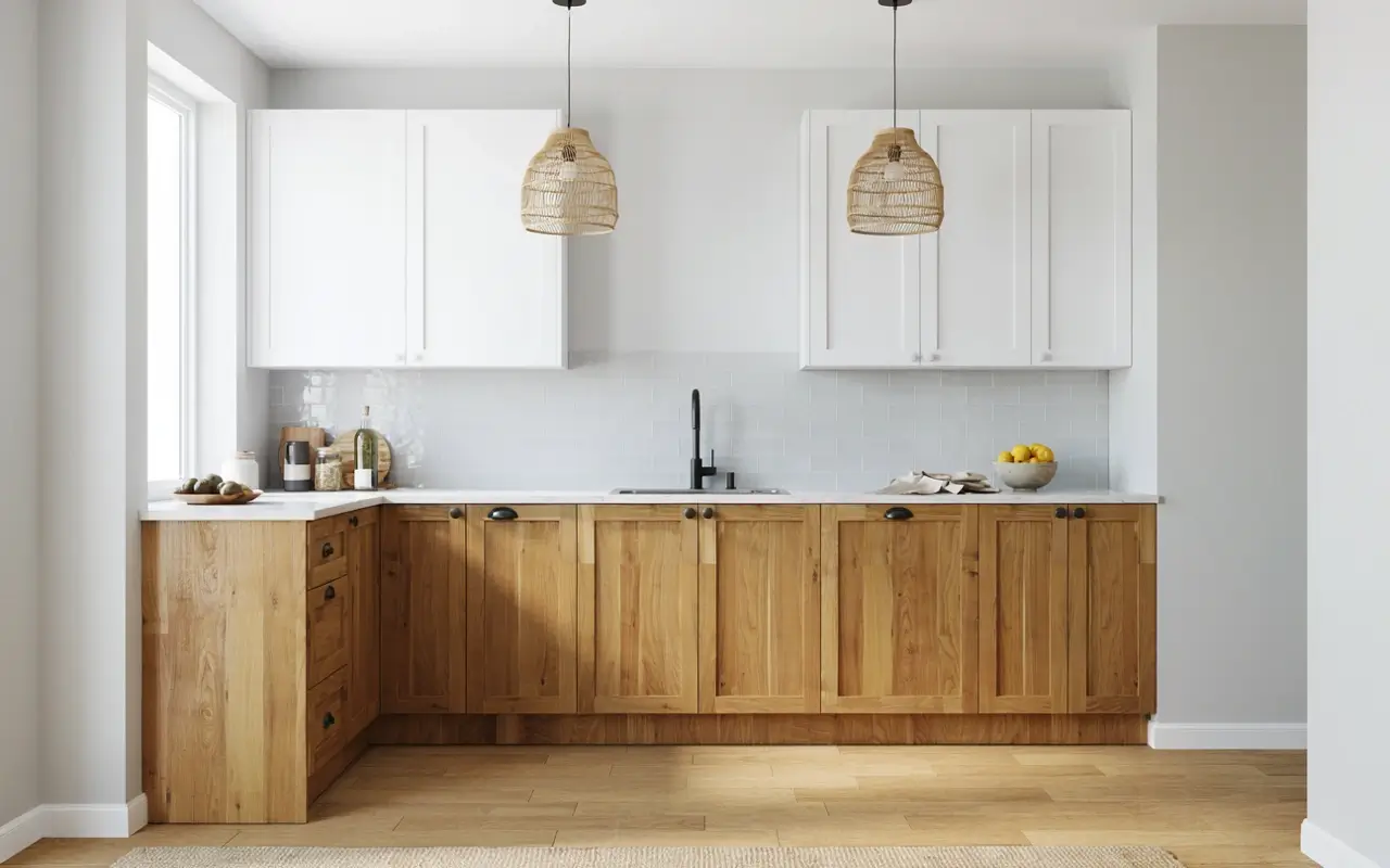 Rental kitchen peninsula wrapped in peel-and-stick wood panels with white cabinets and woven pendants.