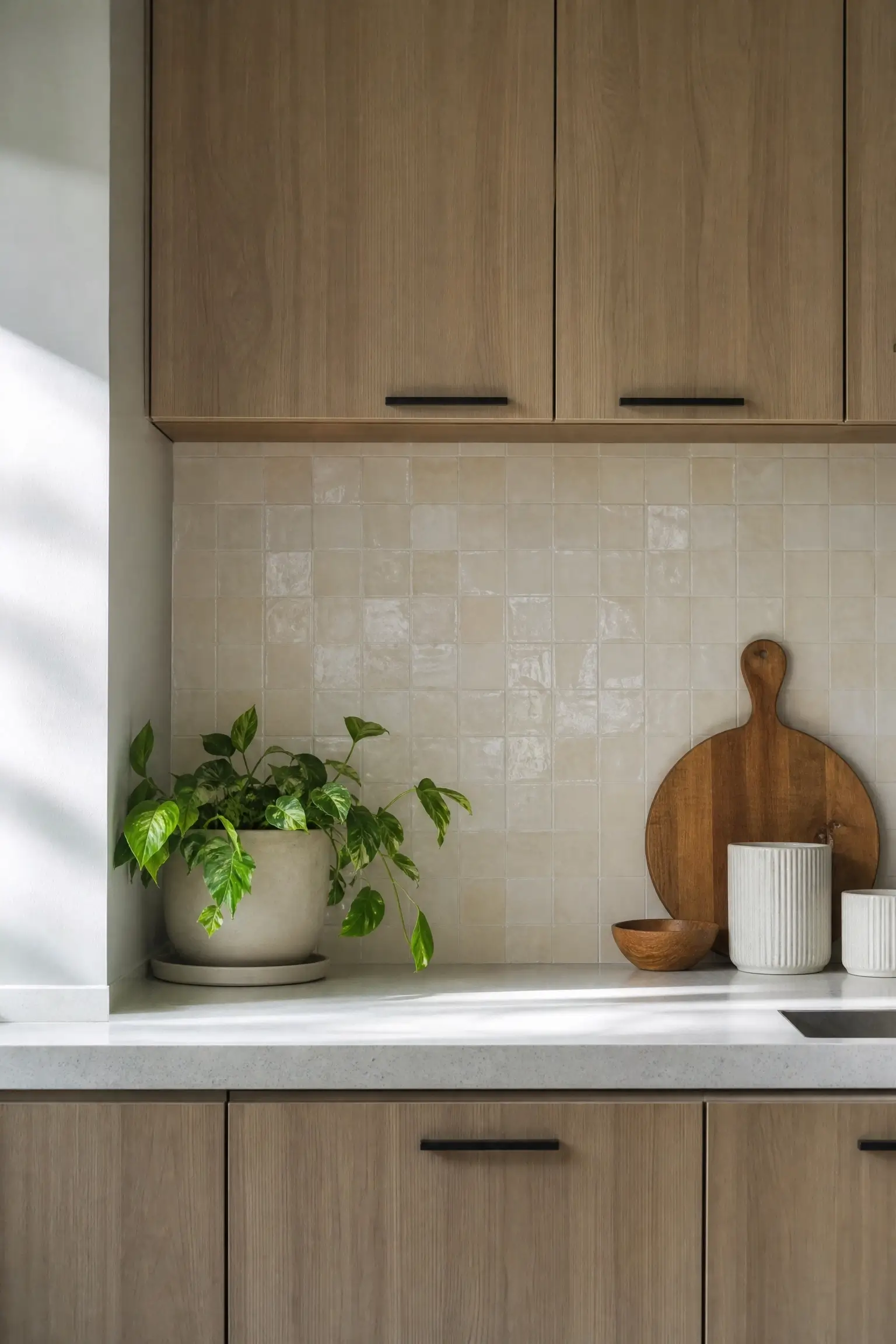 Peel-and-stick zellige-look tile backsplash with light wood cabinets in a rental kitchen.