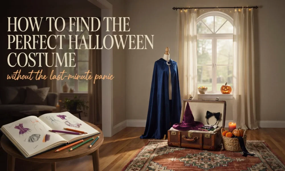 Cozy room with costume sketchbook, blue velvet cape, and witch hat for Halloween planning, with text overlay.
