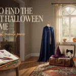 Cozy room with costume sketchbook, blue velvet cape, and witch hat for Halloween planning, with text overlay.