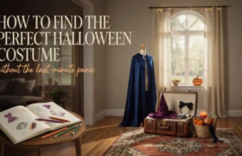 Cozy room with costume sketchbook, blue velvet cape, and witch hat for Halloween planning, with text overlay.