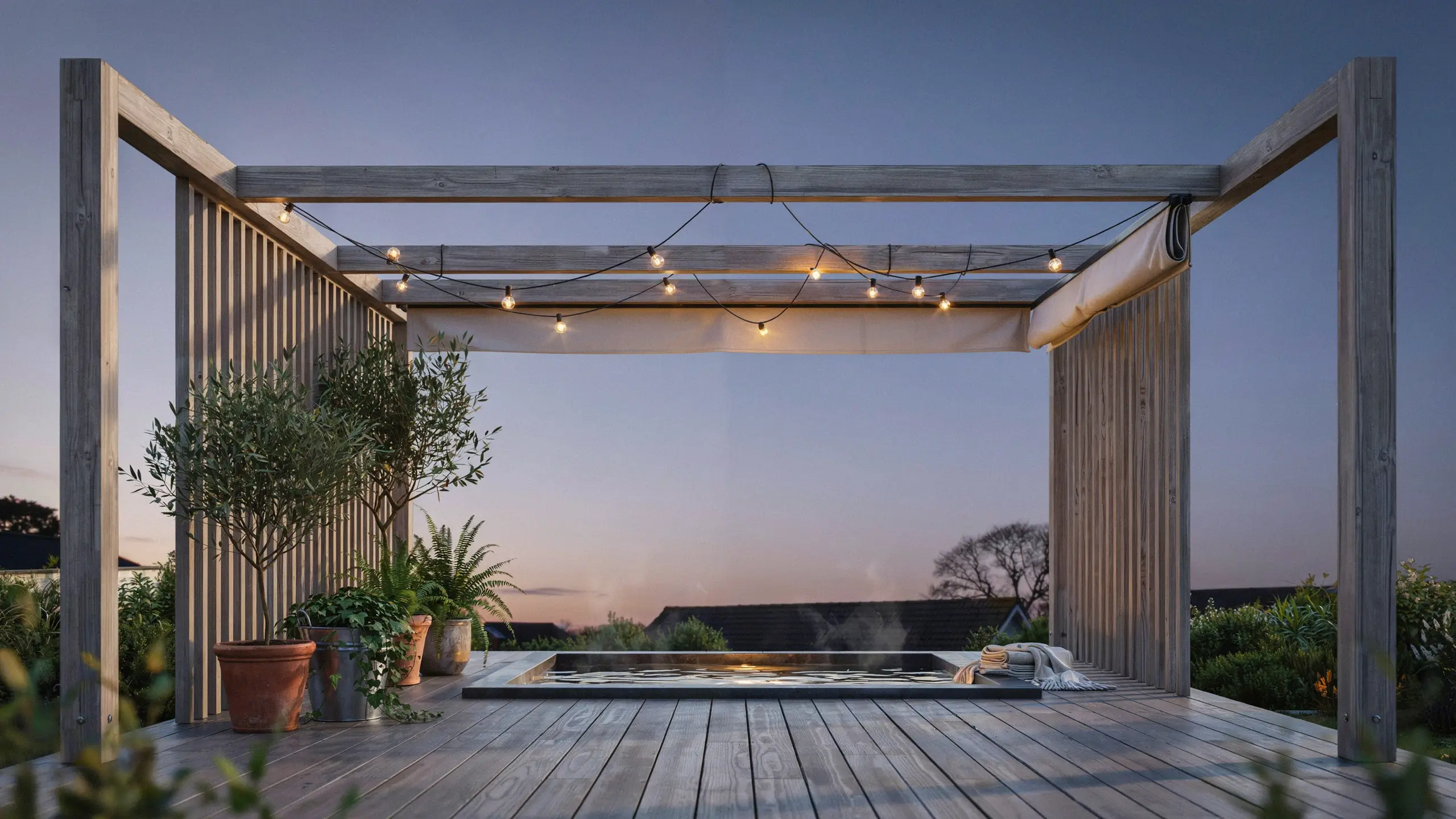 A wooden pergola framing a hot tub on a deck, adorned with warm string lights, potted olive trees, and a rolled-up canopy at twilight.